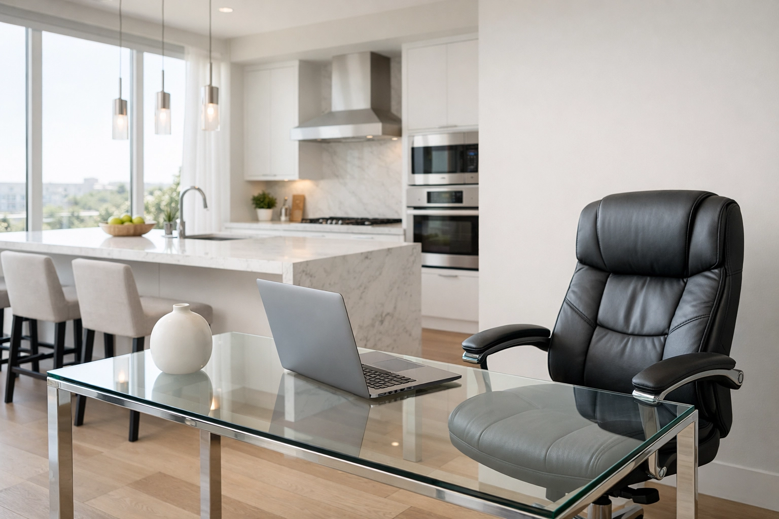 Professional workspace and modern kitchen in a corporate rental property featuring a marble bar and ergonomic desk.