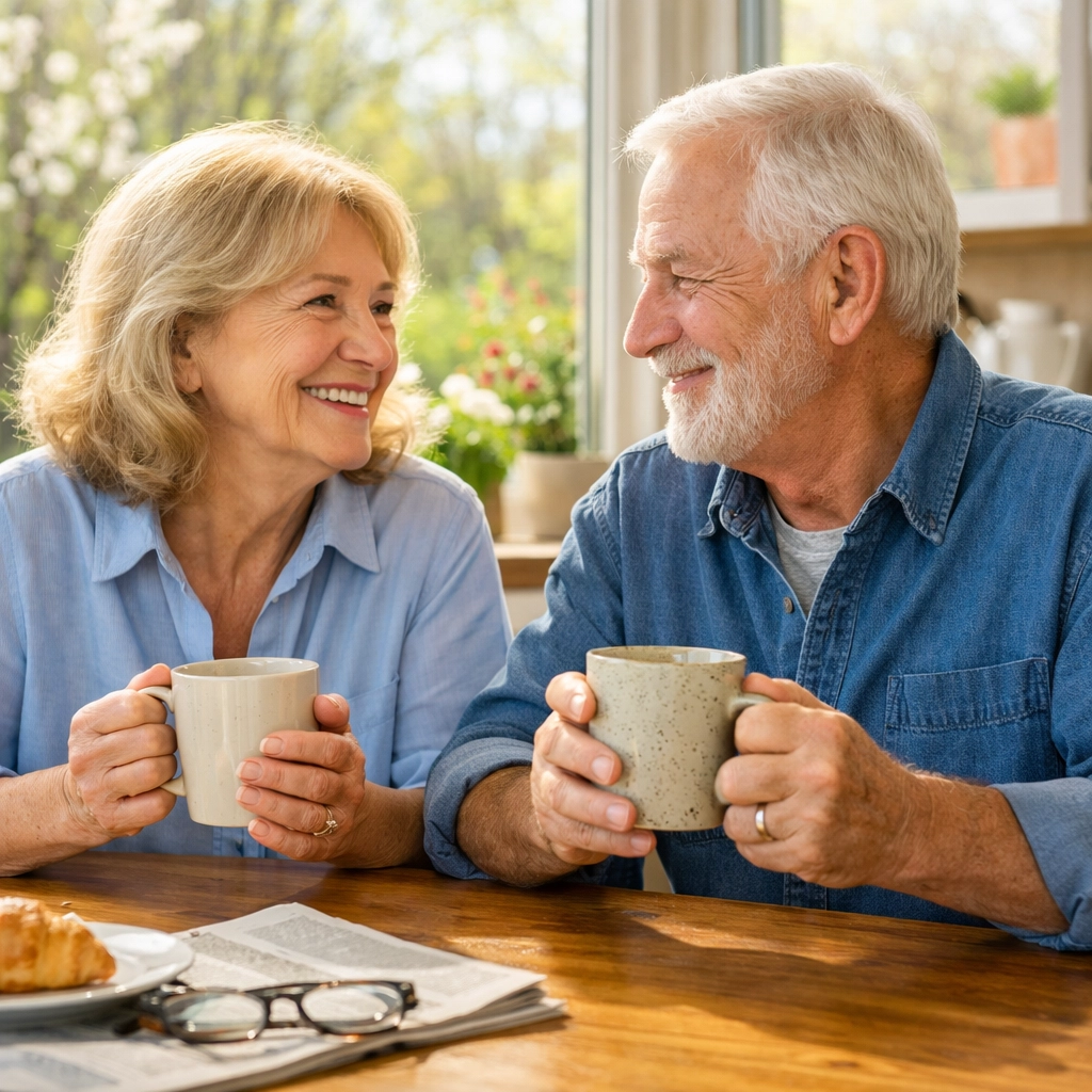Happy senior couple at home, reflecting financial peace of mind with a reverse mortgage.