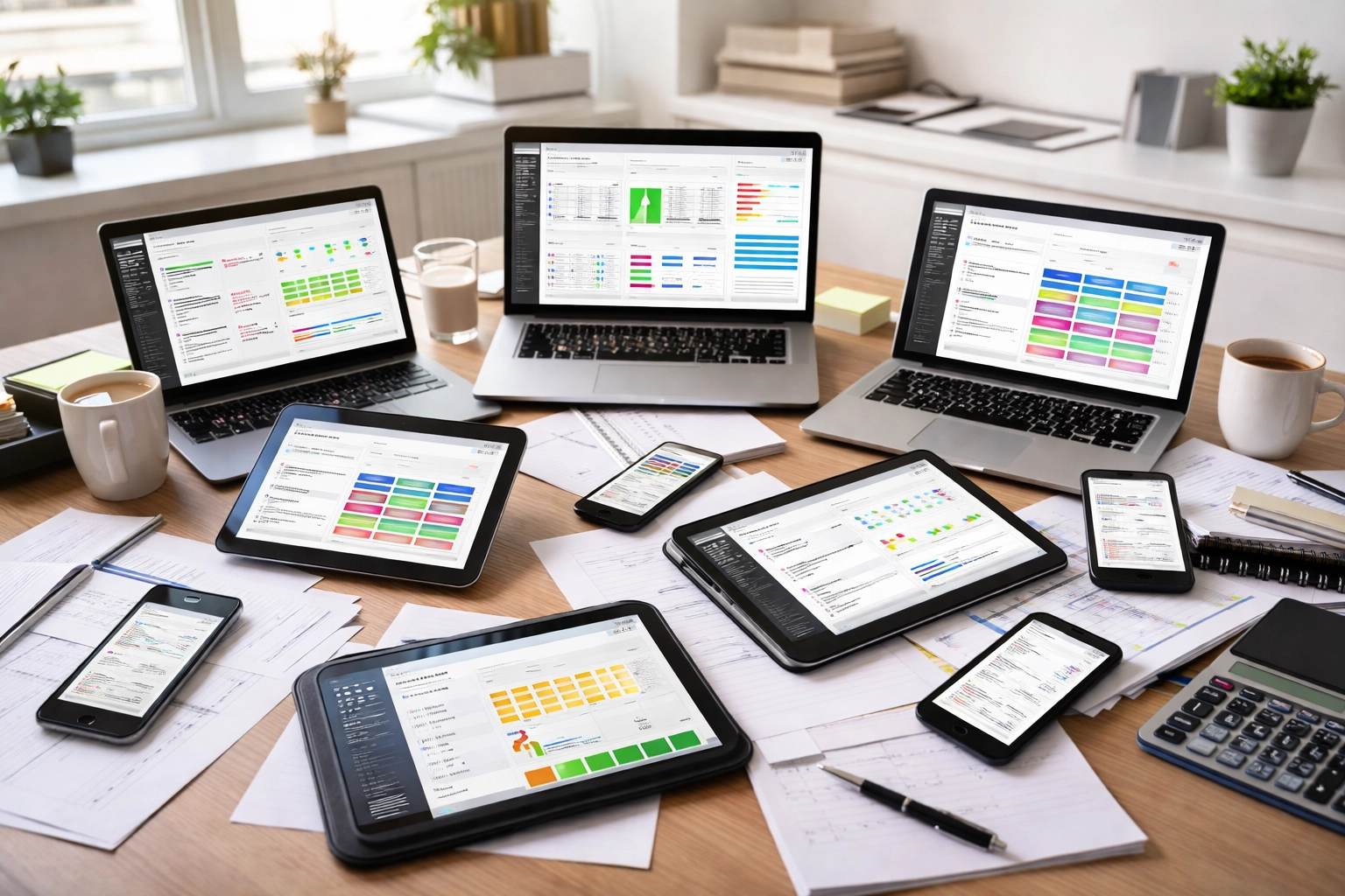 Restaurant manager's desk cluttered with multiple devices displaying fragmented tech stack software dashboards