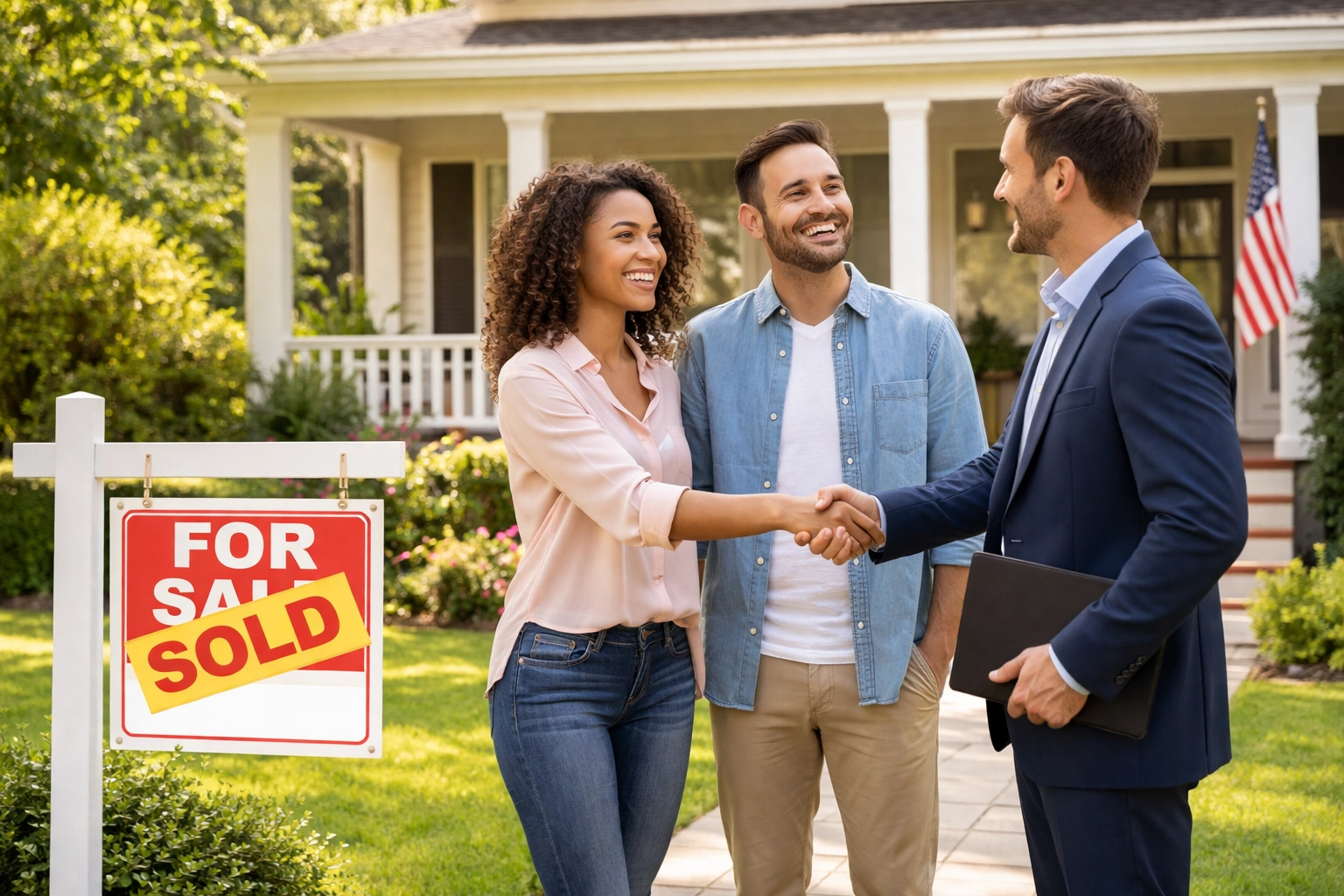 A happy couple shakes hands with a real estate agent outside a Columbia SC home, signaling strong buyer demand in the market.