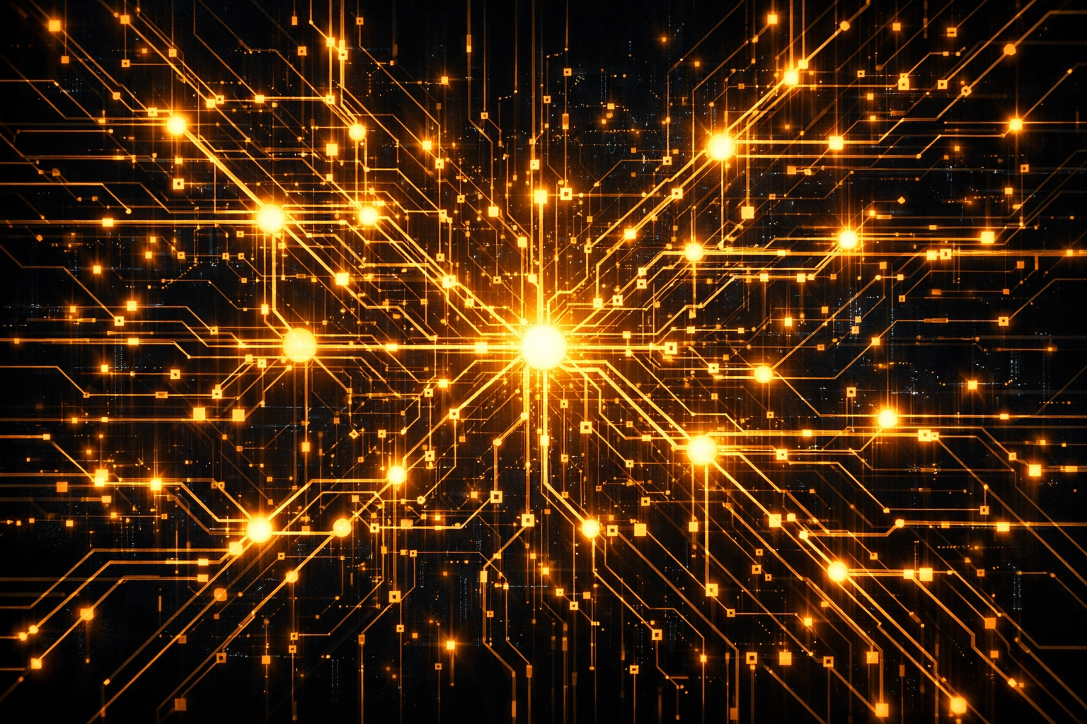 Glowing interconnected nodes representing a unified tech stack through AI integration services.