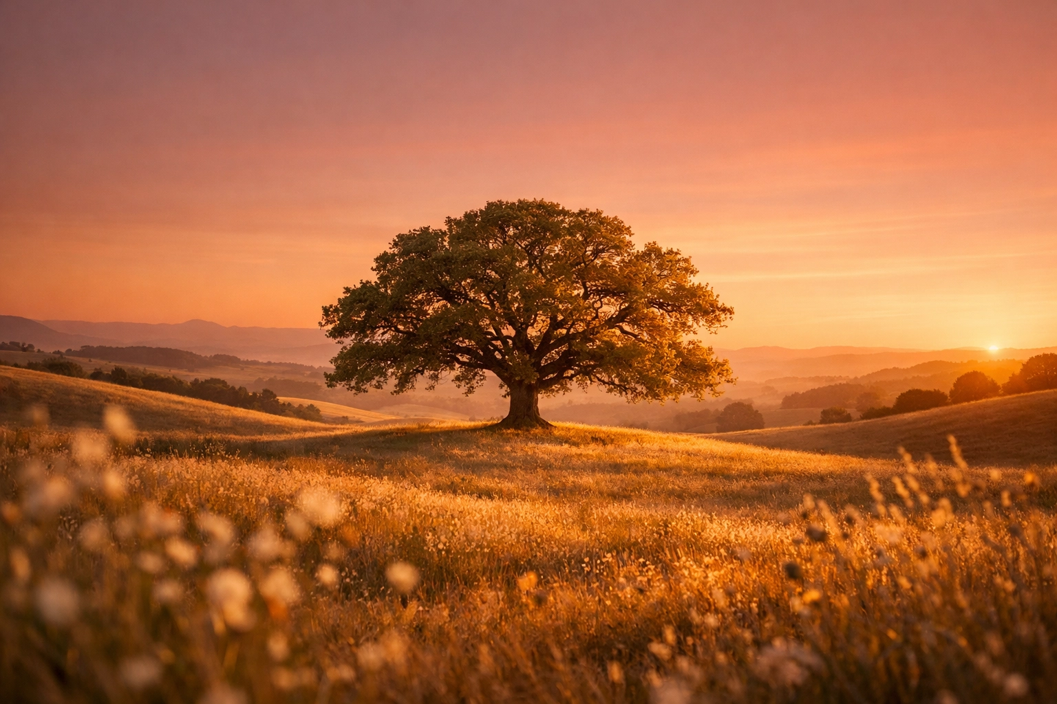 A single oak tree in a vast meadow at golden hour, symbolizing peace and personal transformation.