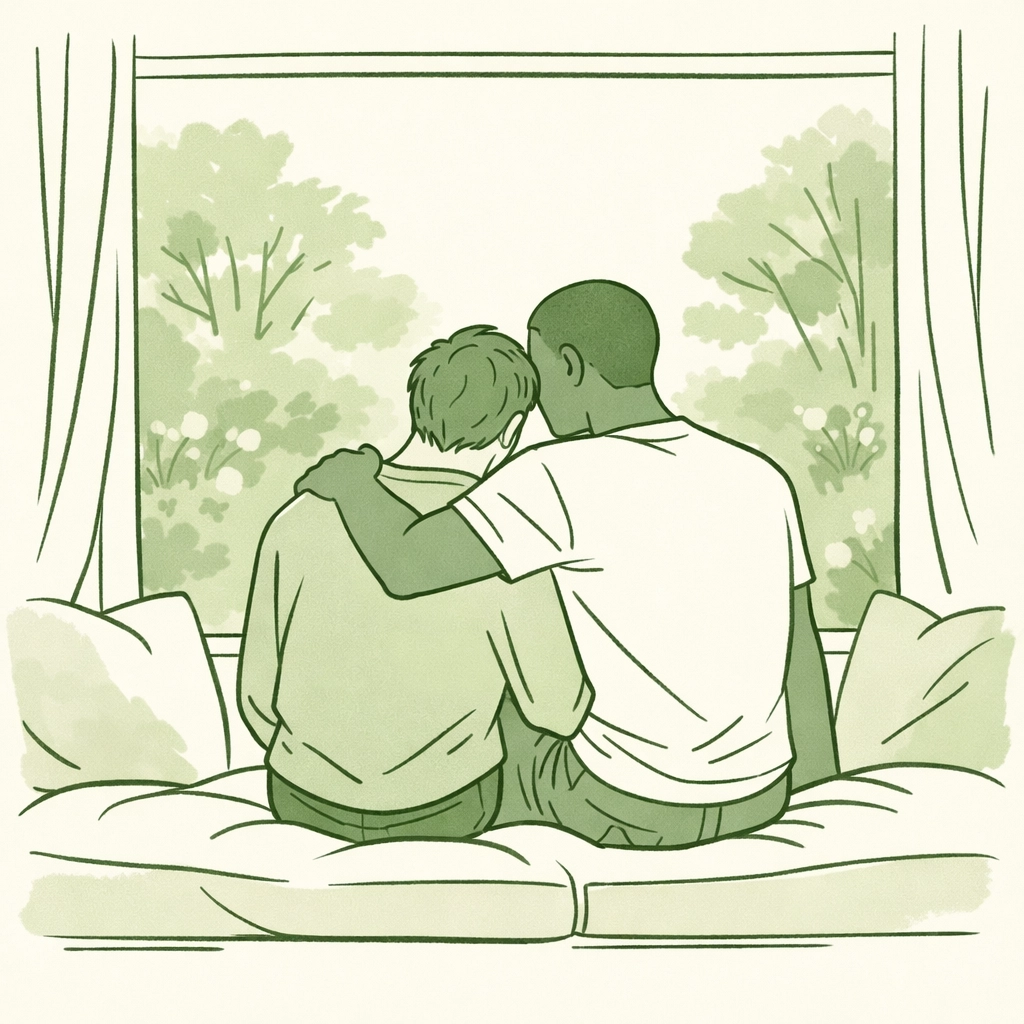 Minimalist illustration of two men sharing an emotional moment, representing a queer found family connection.