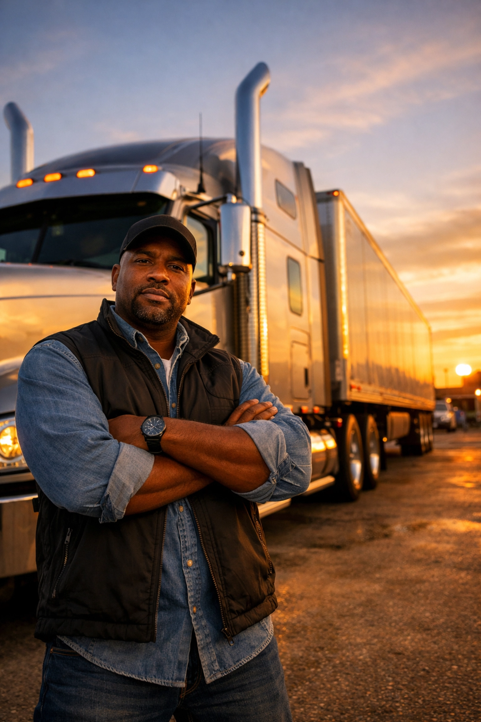 Confident owner-operator standing by semi-truck ready for carrier rate negotiations