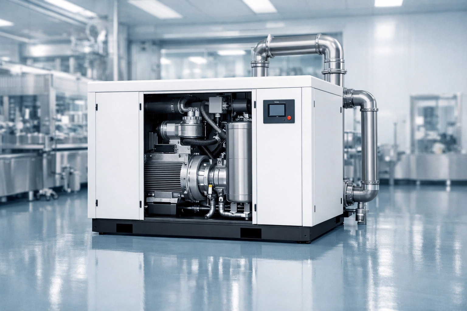 Oil-free screw air compressor in a sterile pharmaceutical clean-room meeting high air purity standards.