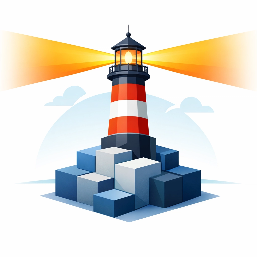 Minimalist lighthouse illustration representing a strong strategic brand identity and vision.
