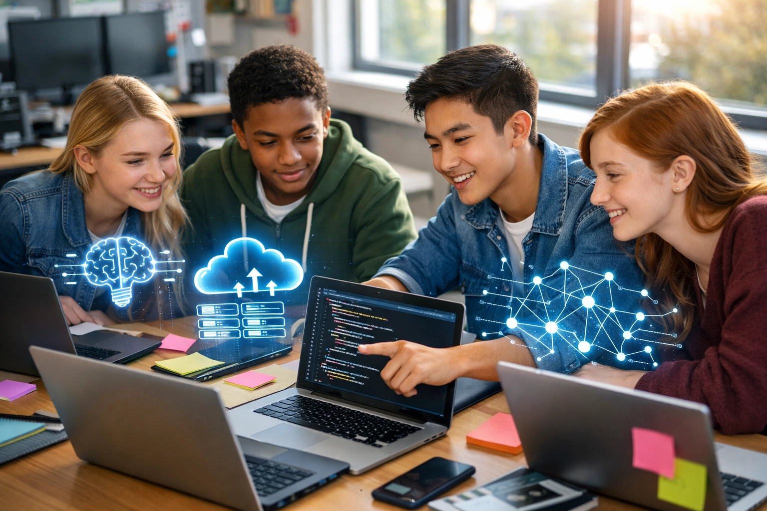 High school students collaborating on cloud computing and AI projects in modern computer lab