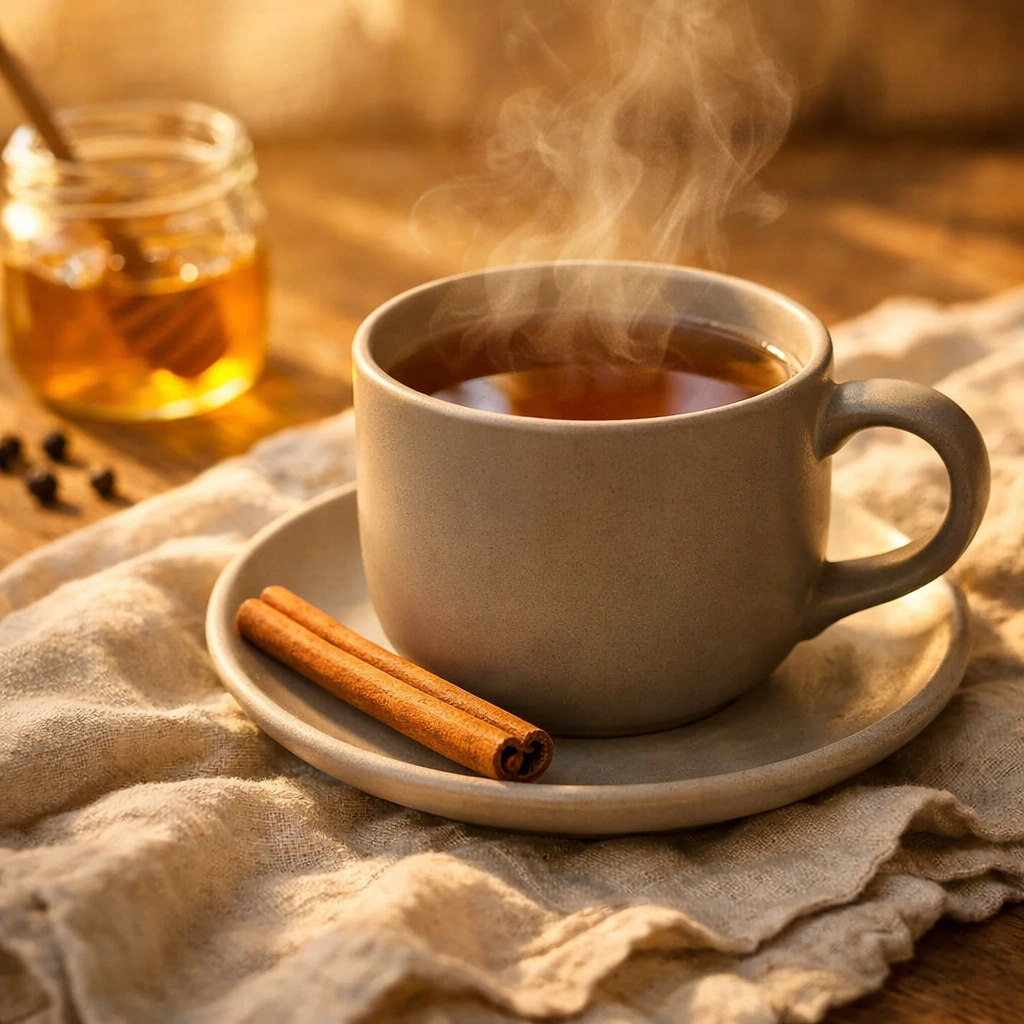 Steaming cinnamon tea with an H1 grade Ceylon cinnamon quill and raw honey on a rustic table.