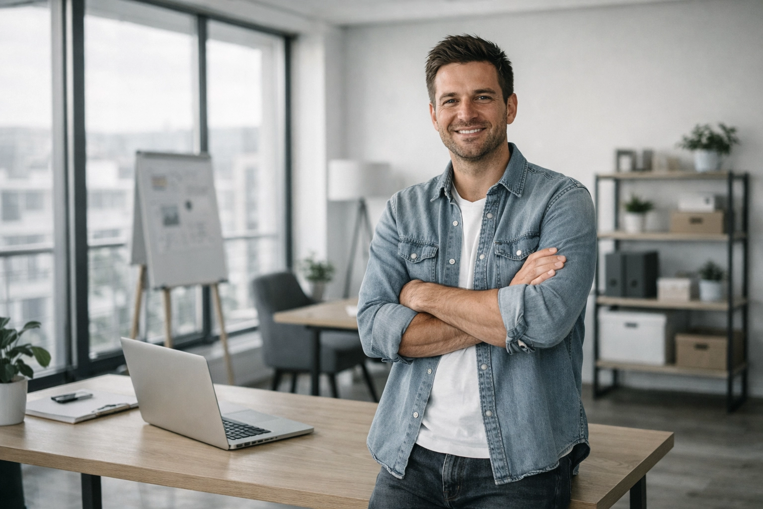 Canadian startup business owner in modern office after securing financing