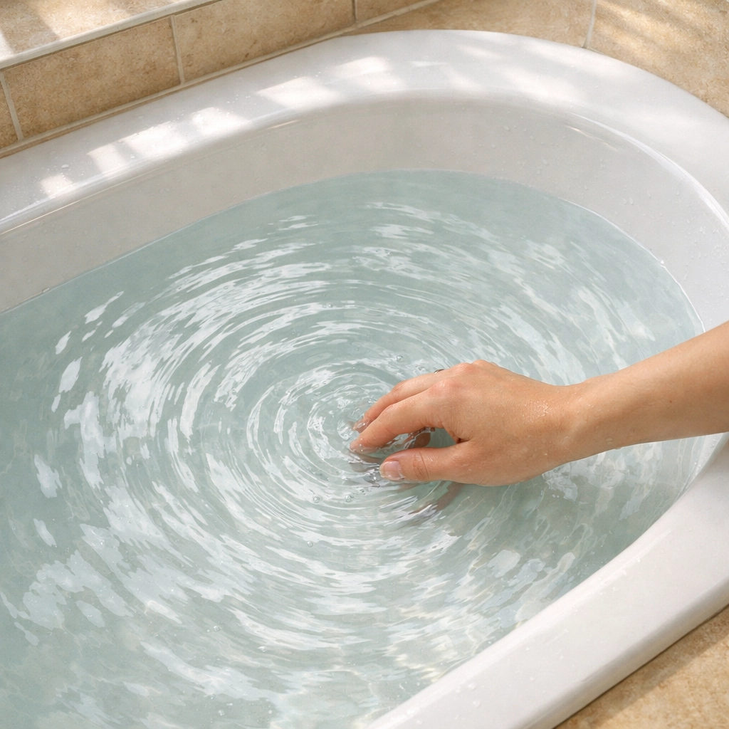 Hand swirling bath water to mix hot and cold evenly for safety