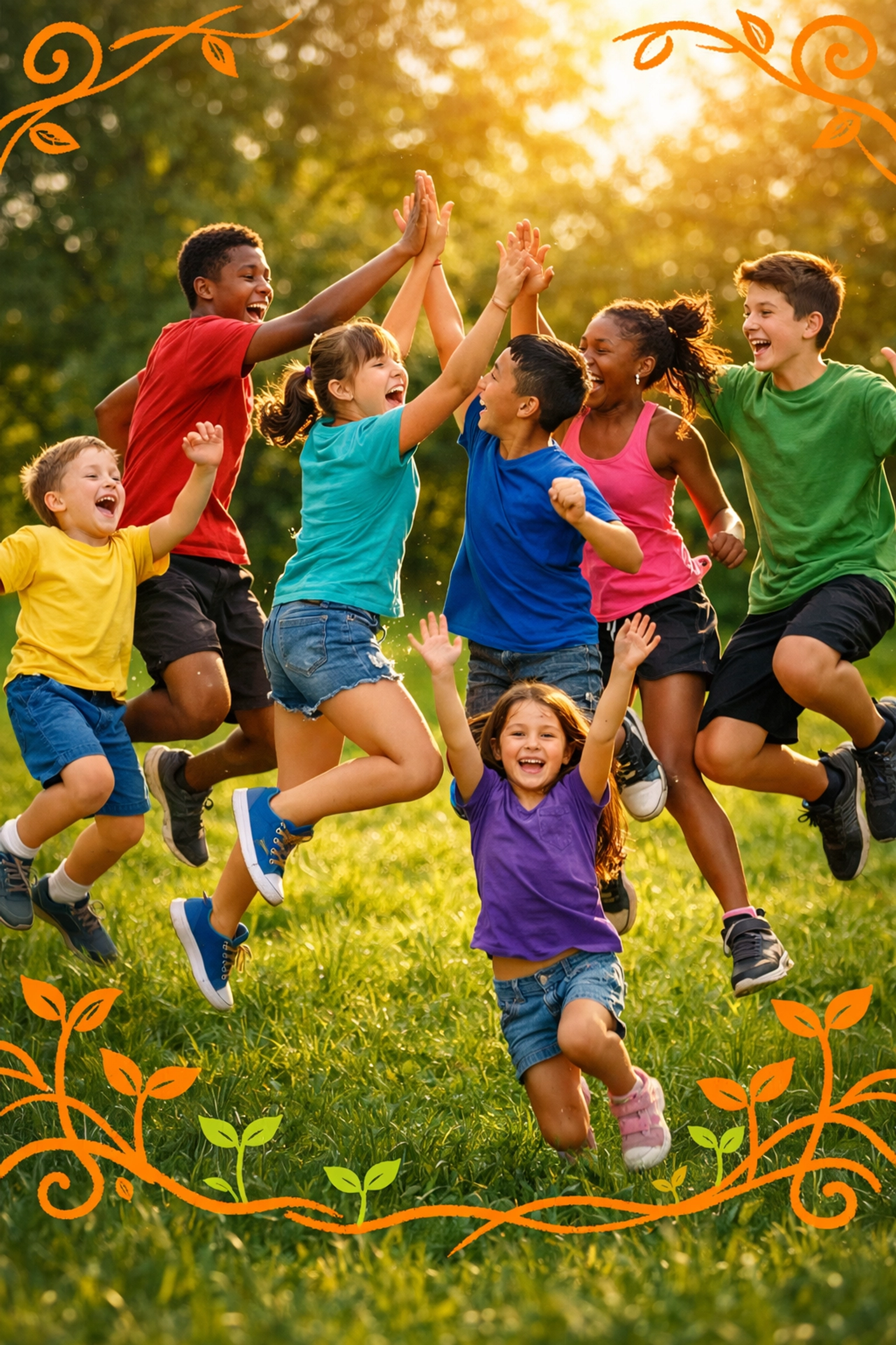 Happy kids and teens jumping in a park, celebrating growth at the Easter Life Skills Bootcamp.