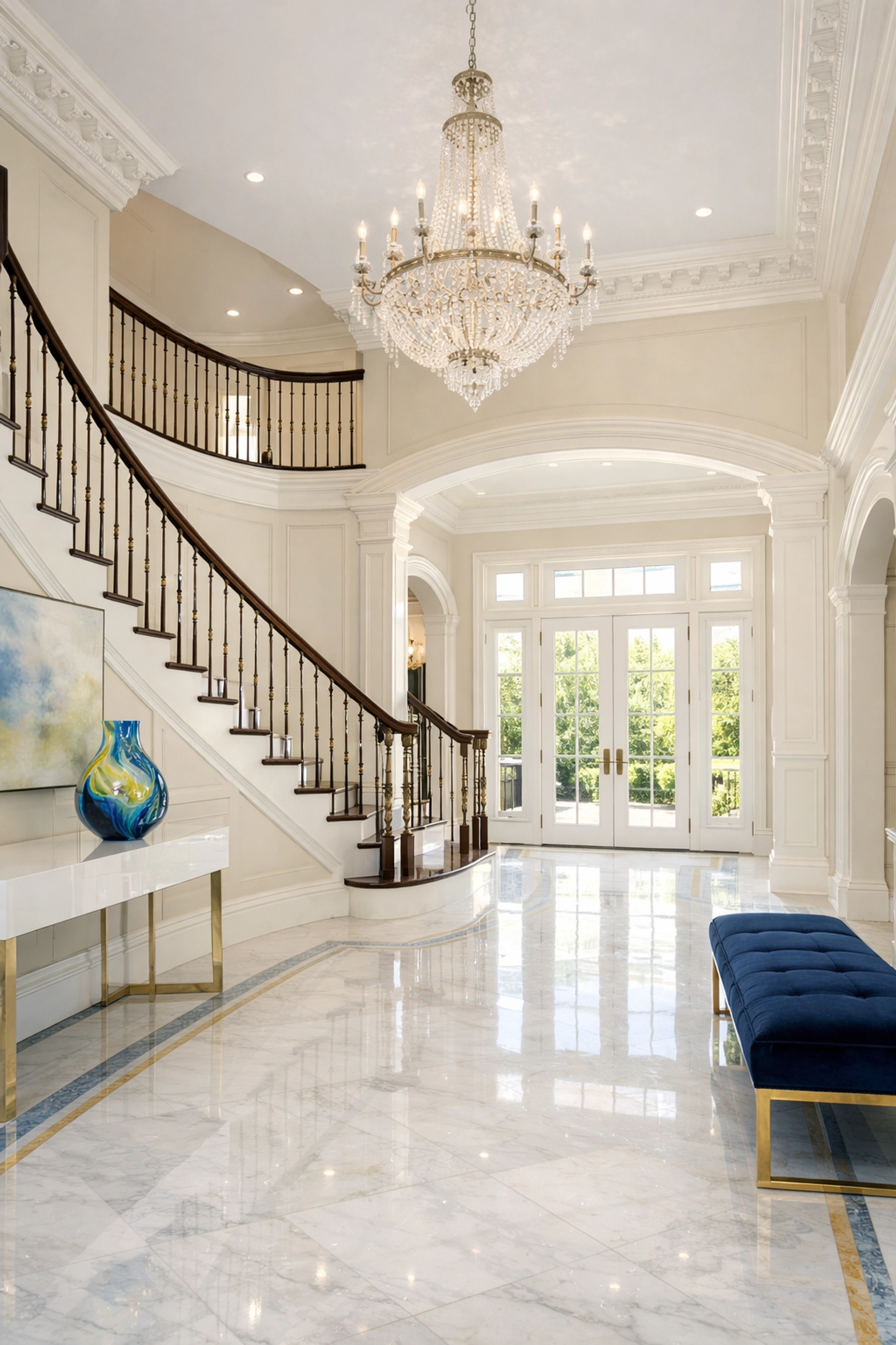 Spotless luxury estate foyer in Newton Massachusetts with gleaming white marble floors and high ceilings.