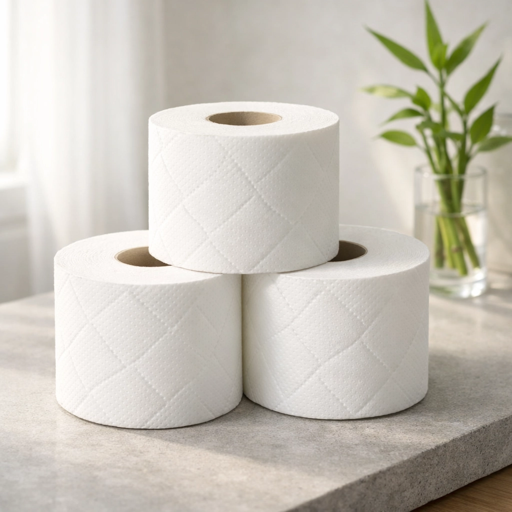 Three rolls of pure white, chemical-free bamboo toilet paper in a modern bathroom setting.