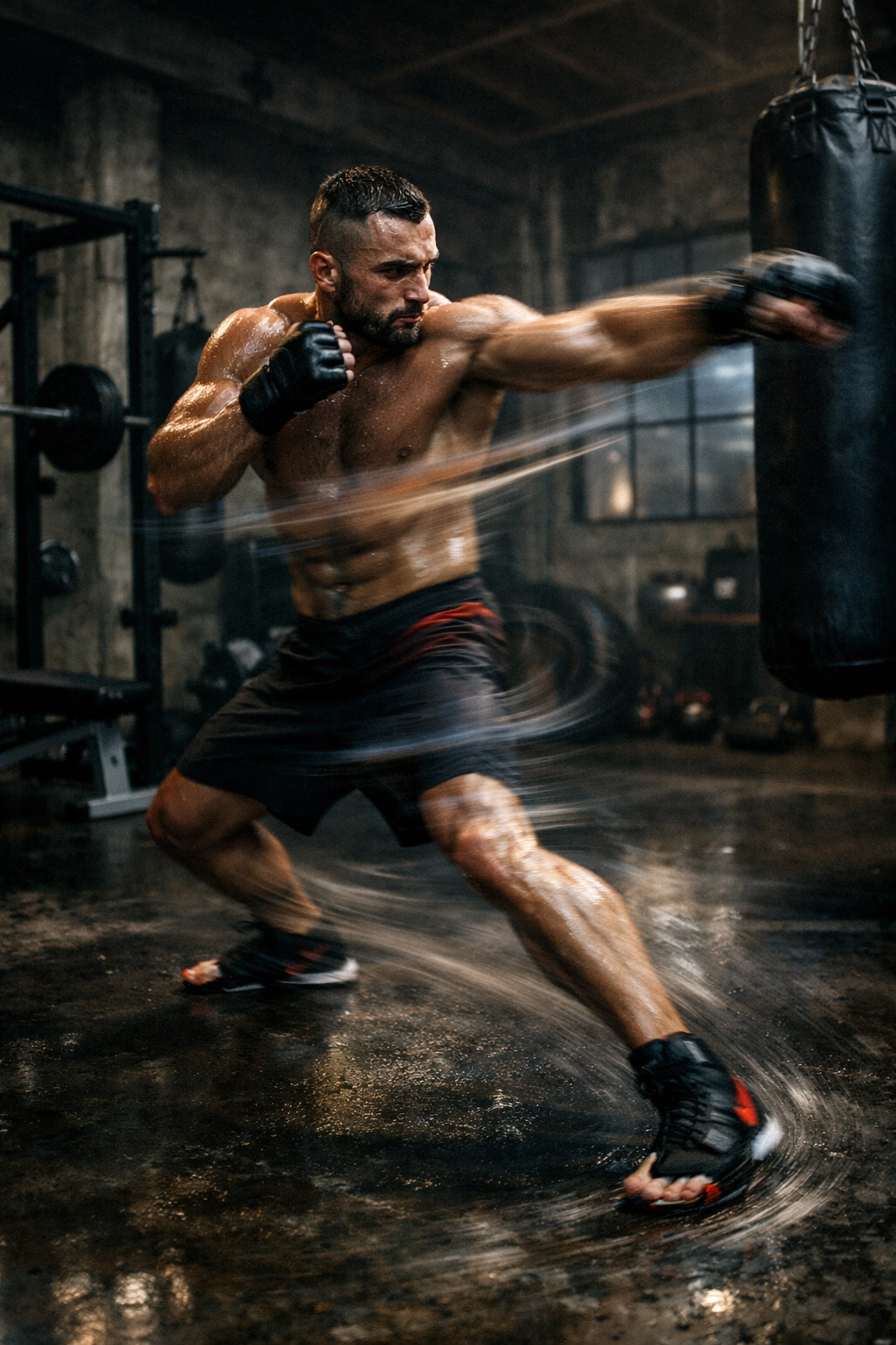 MMA athlete demonstrating functional power and full body movement during an intense home gym workout.