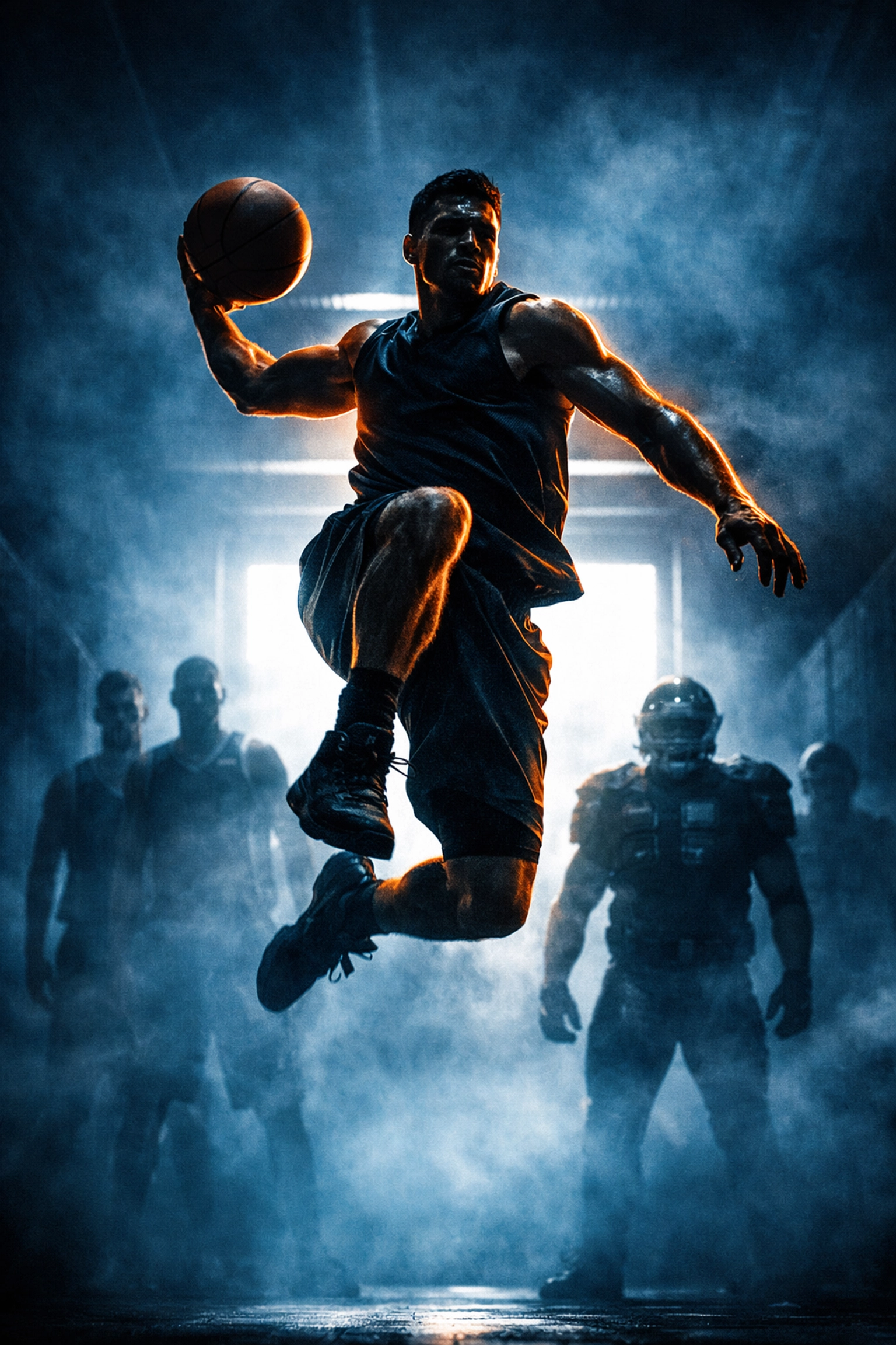 Elite basketball player silhouetted in a stadium tunnel, representing UConn’s competitive Sweet Sixteen spirit.