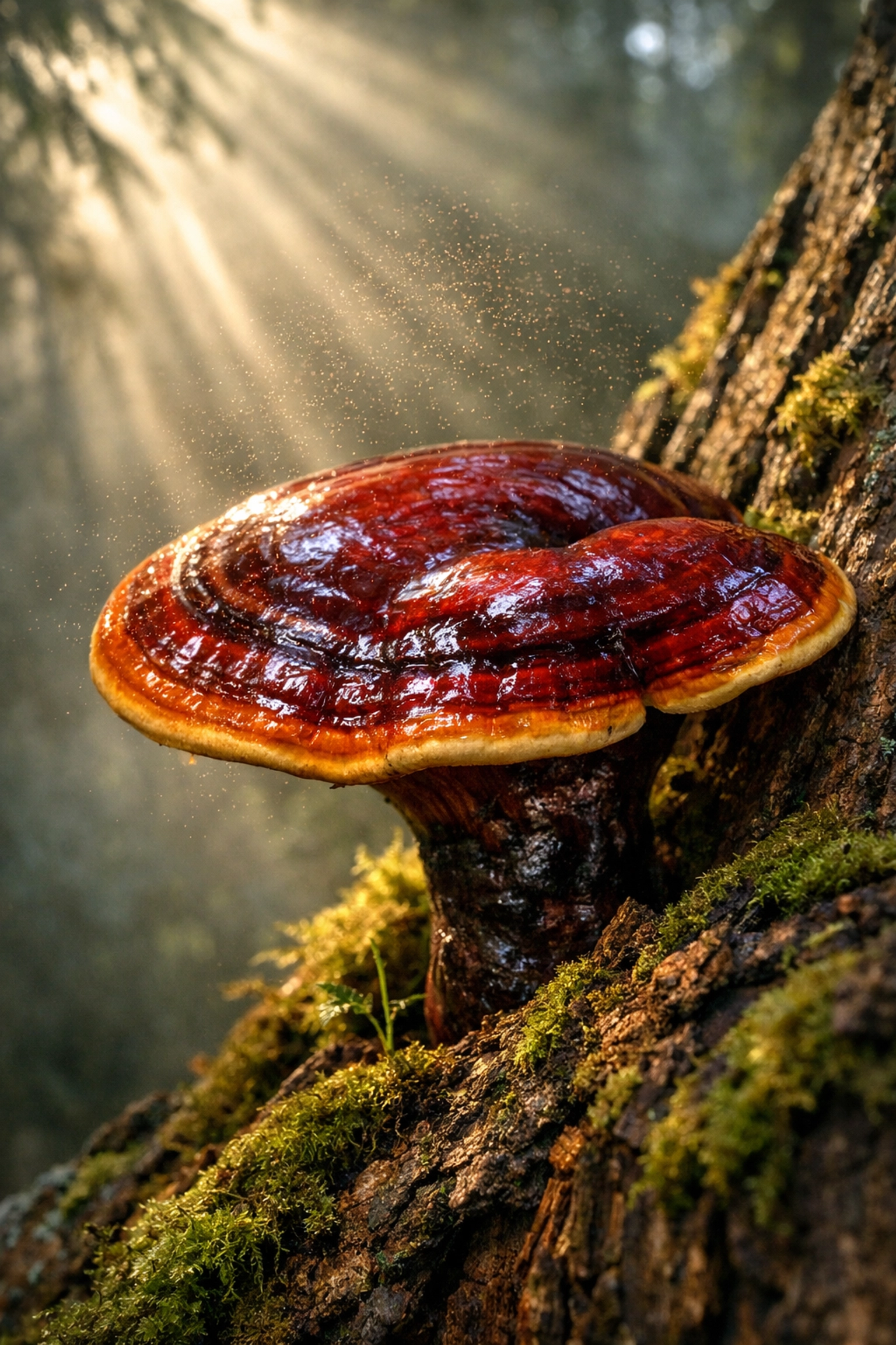 Red glossy Reishi mushroom growing on a mossy tree trunk in a misty forest environment.