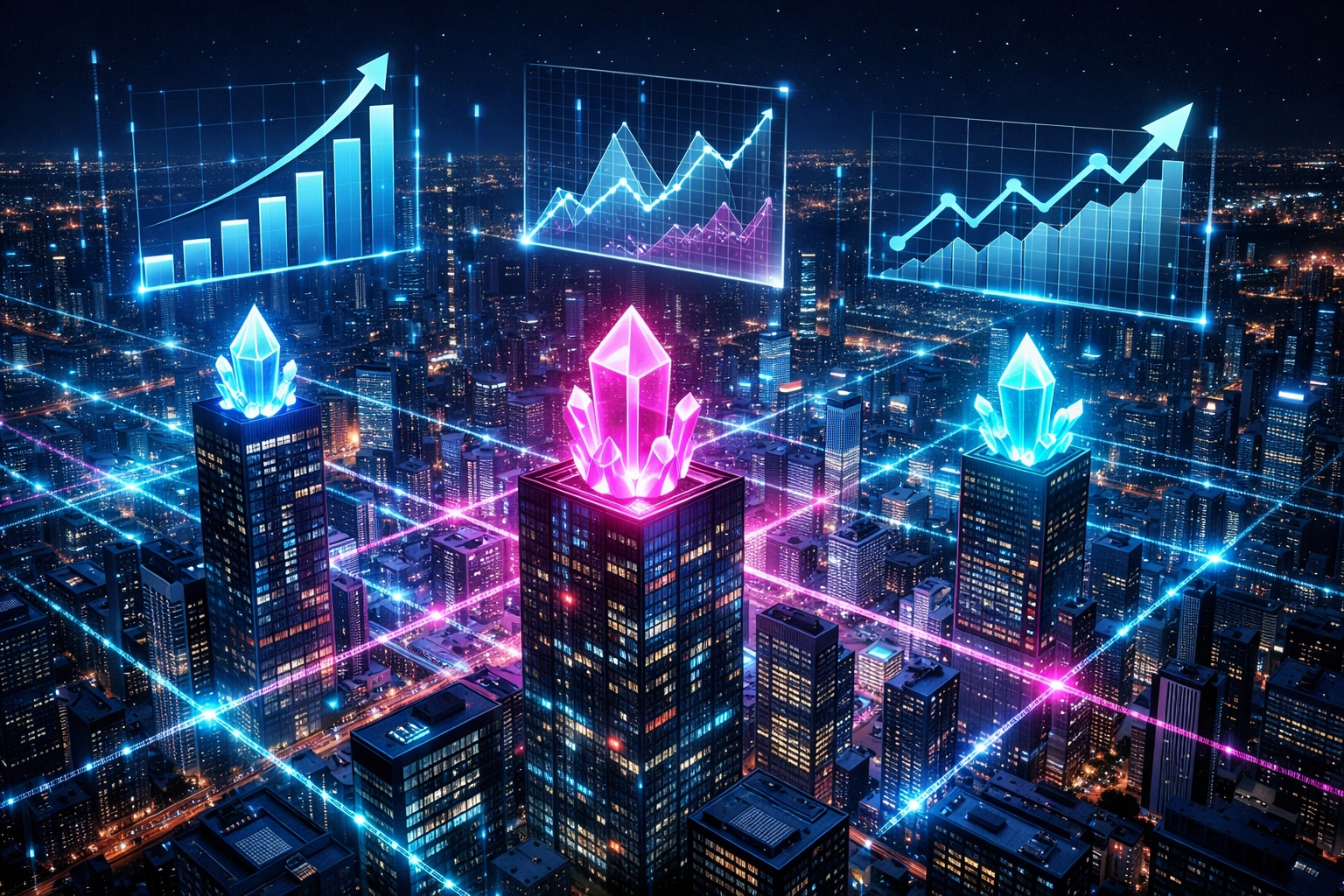 KI-basierte Marktanalyse visualisiert aktuelle Immobilienmarkt Trends in einer digitalen Stadt.