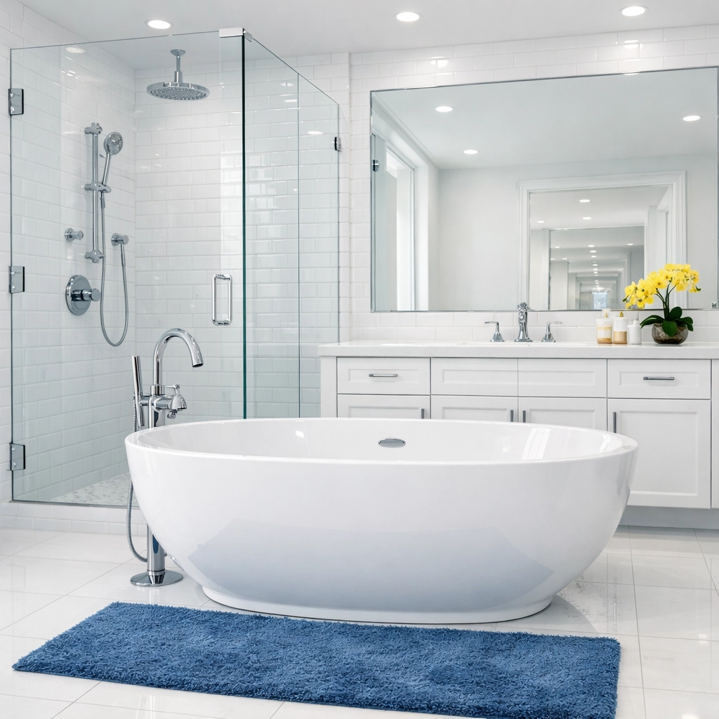 Sparkling luxury bathroom with white tiles and sanitized tub by expert deep cleaning services near me.