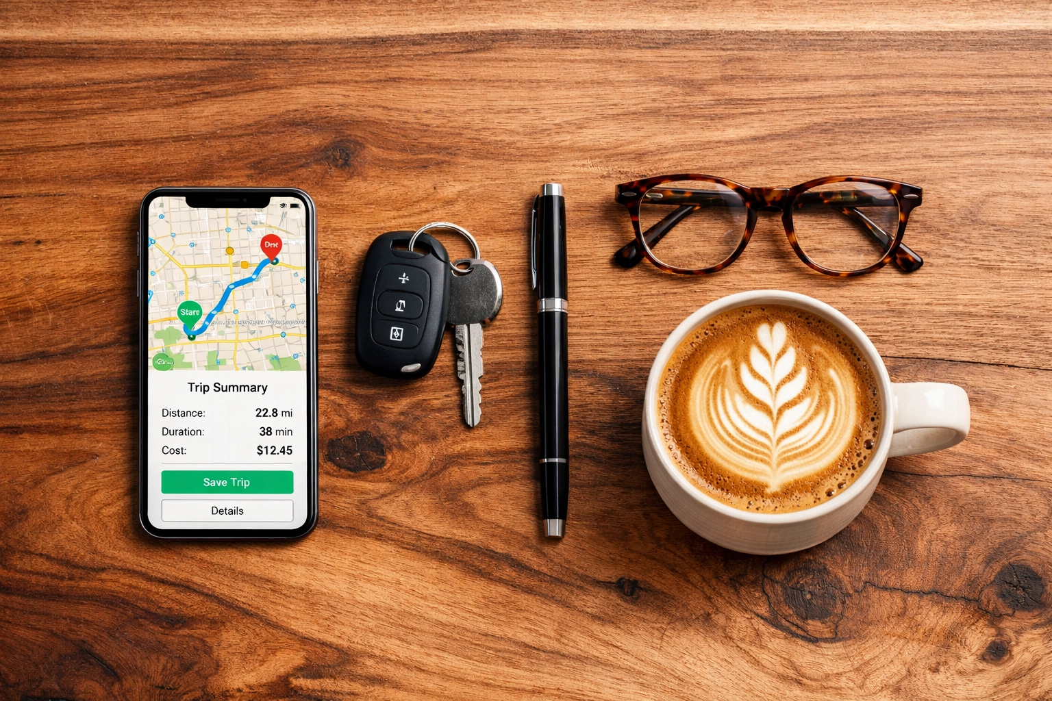 Freelancer workspace with a mileage tracking app and tools for expert tax preparation services.