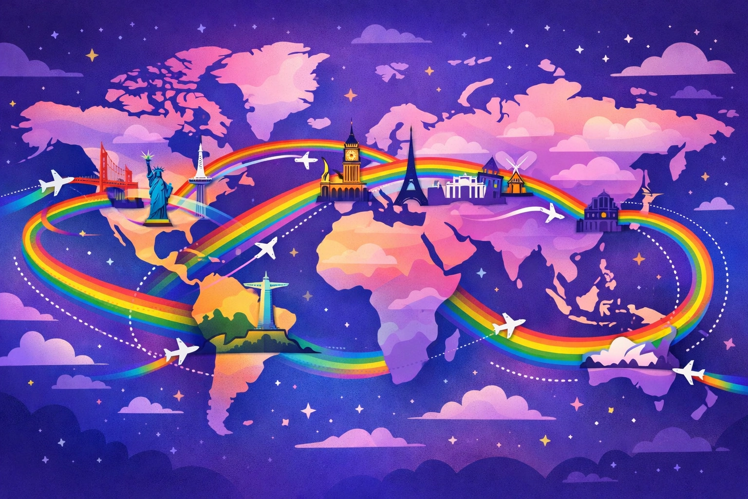 World map showing international flight routes connecting LGBTQ+-friendly cities for gay aviation professionals
