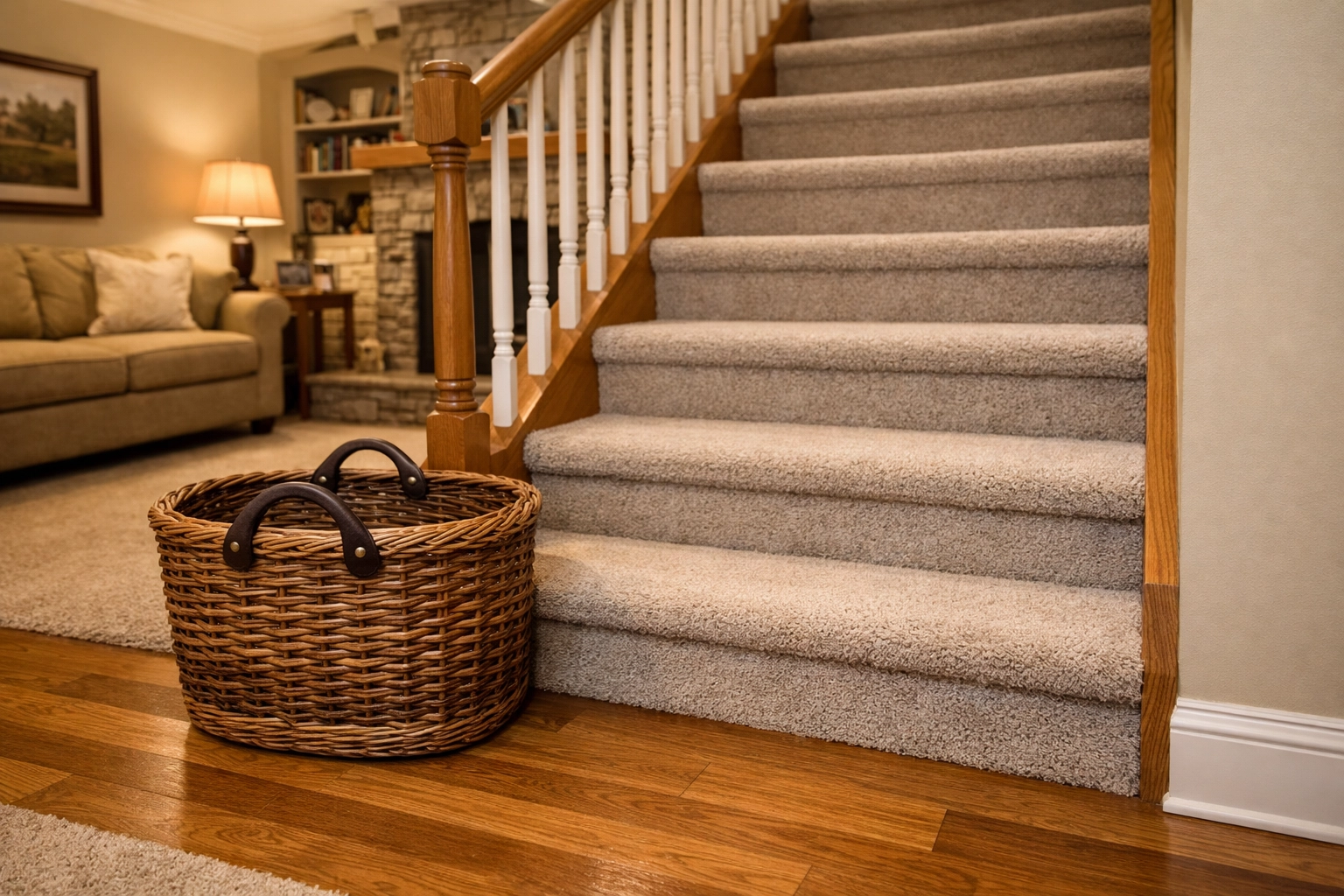 A clear staircase with a wicker basket nearby to prevent trip hazards and maintain a safe walking path.