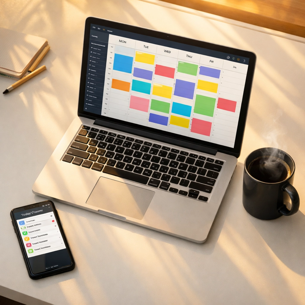 Morning workspace with AI calendar app and coffee for productive day planning