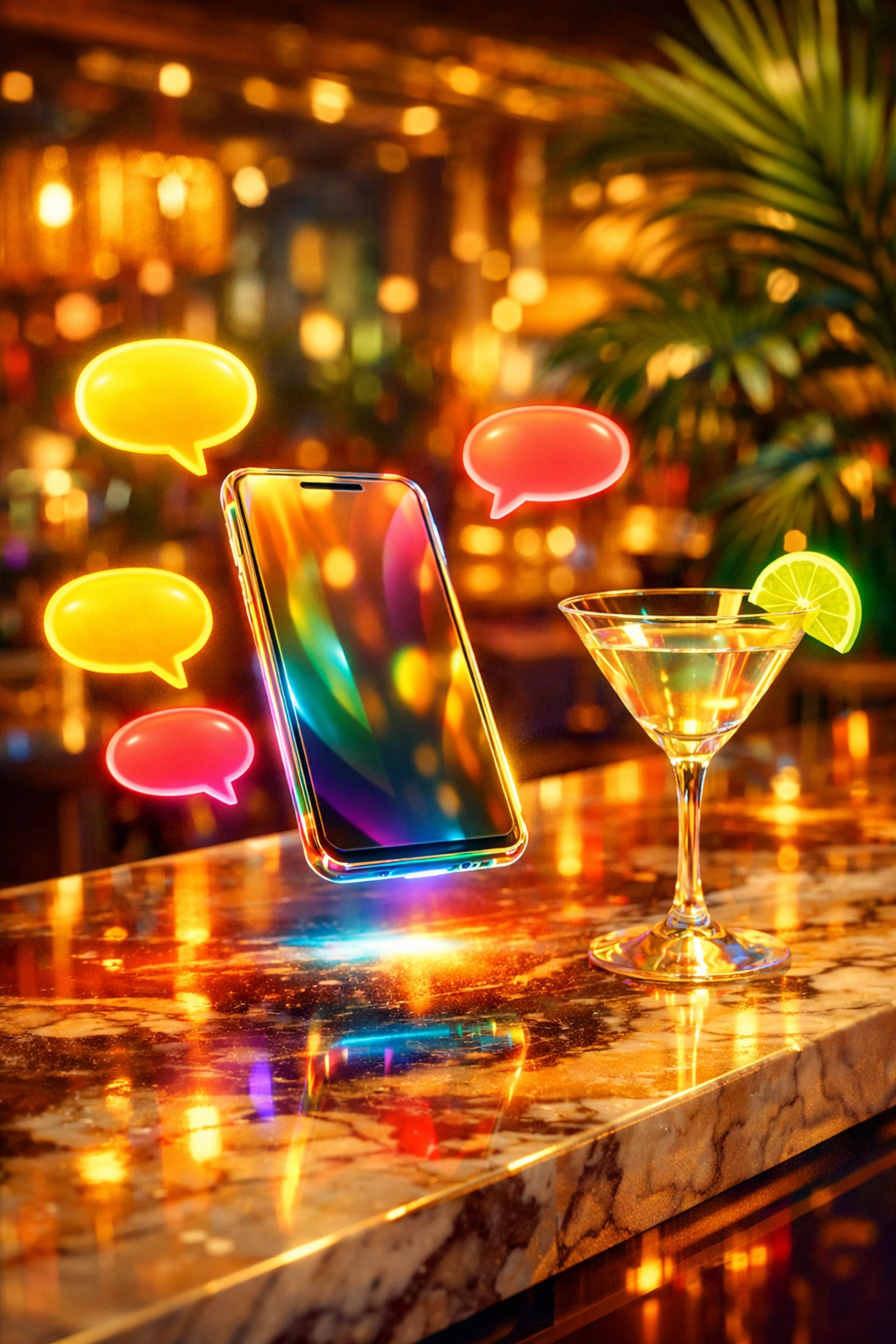 Holographic smartphone on a marble bar illustrating communication before an app-to-IRL hookup.