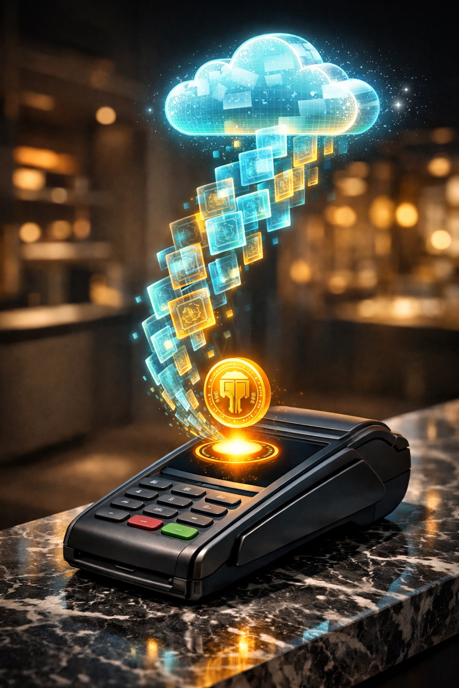 Modern crypto payment terminal processing NFT receipts for automated merchant accounting and data management.