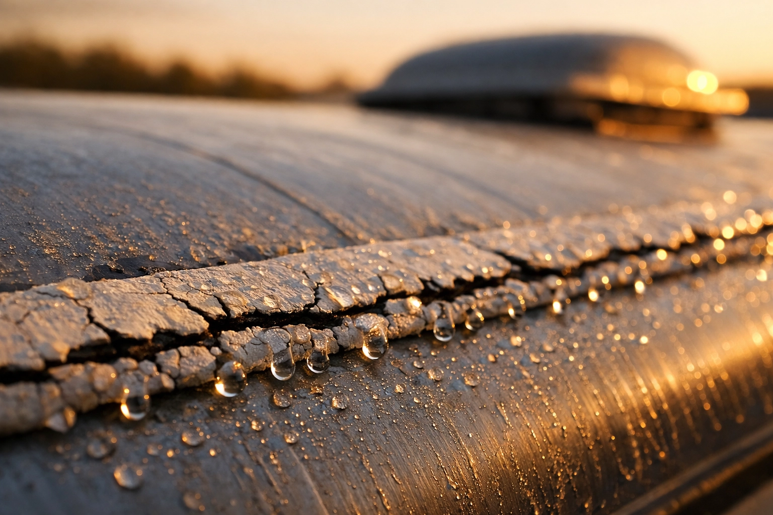 Cracked travel trailer roof seam showing UV damage and water intrusion requiring sealant repair