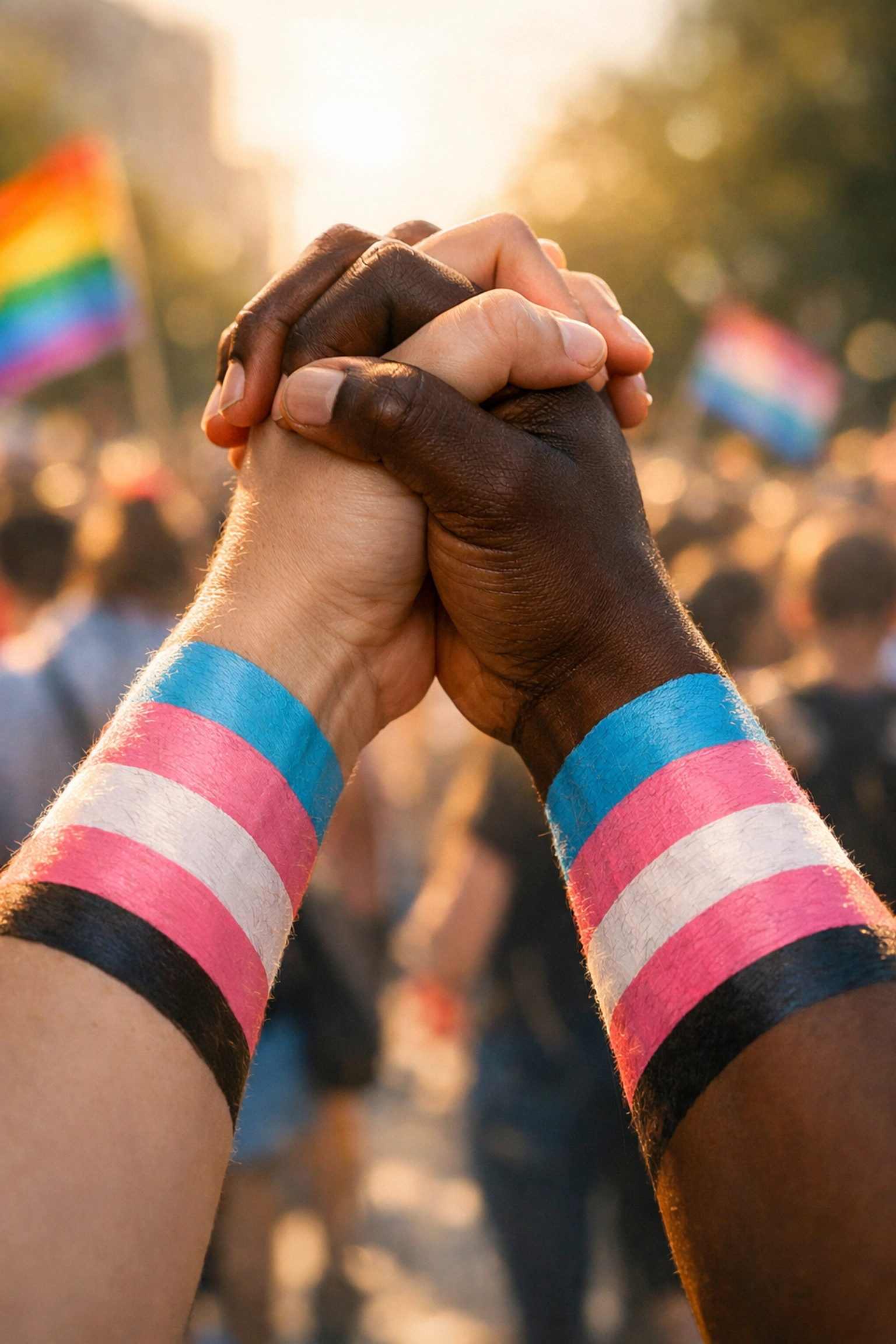 Hands united in solidarity painted with trans pride flag colors at community march