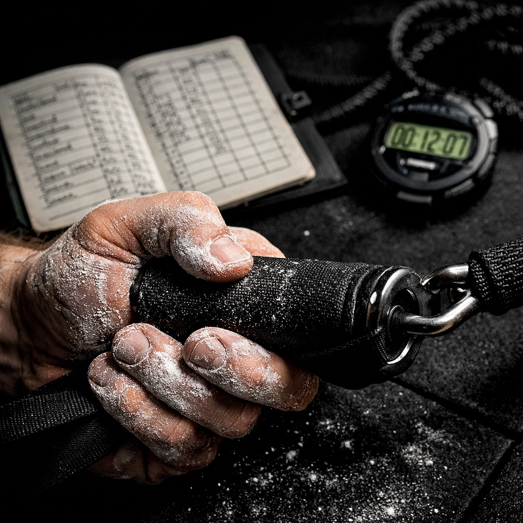 Tracking progress during home resistance training using a logbook and versatile home gym gear.