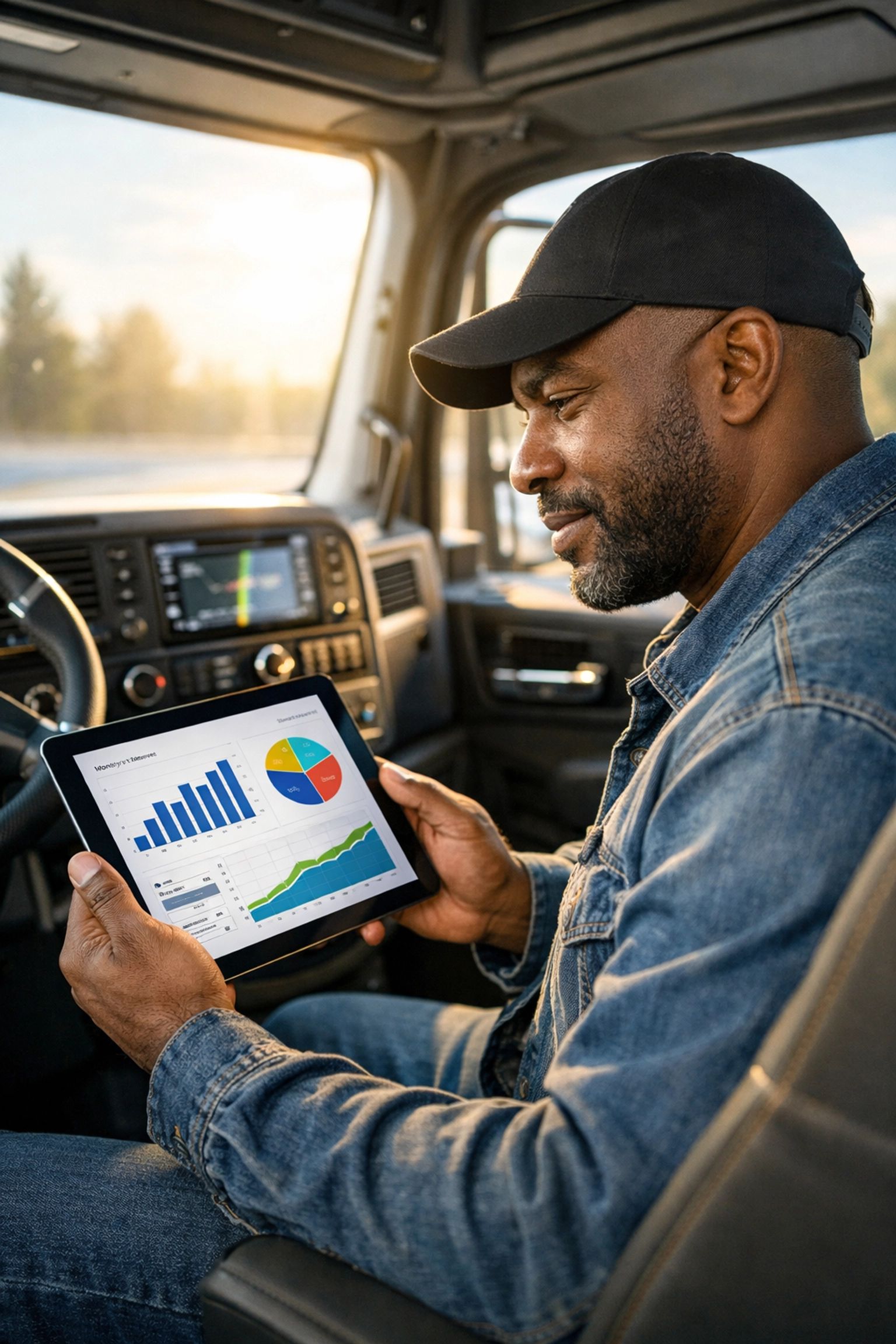Owner-operator analyzing trucking profit and loss data on a tablet inside a semi-truck cab.