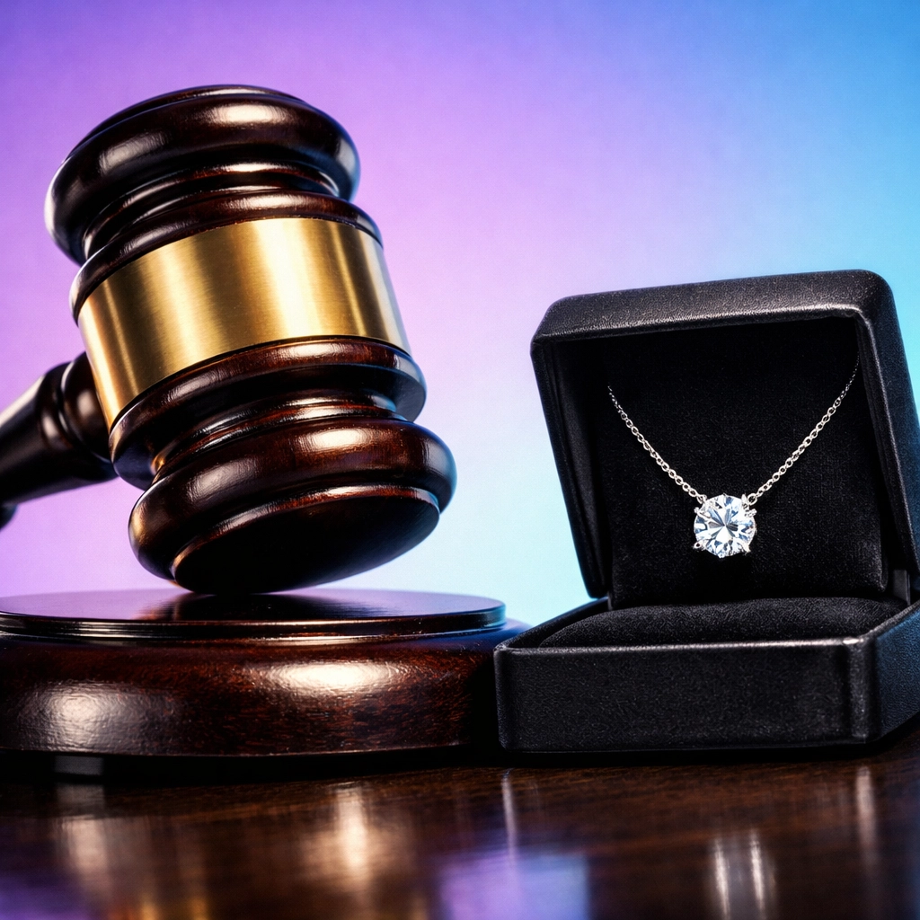 An auction gavel next to a diamond necklace marking a winning bid on ending jewelry lots.