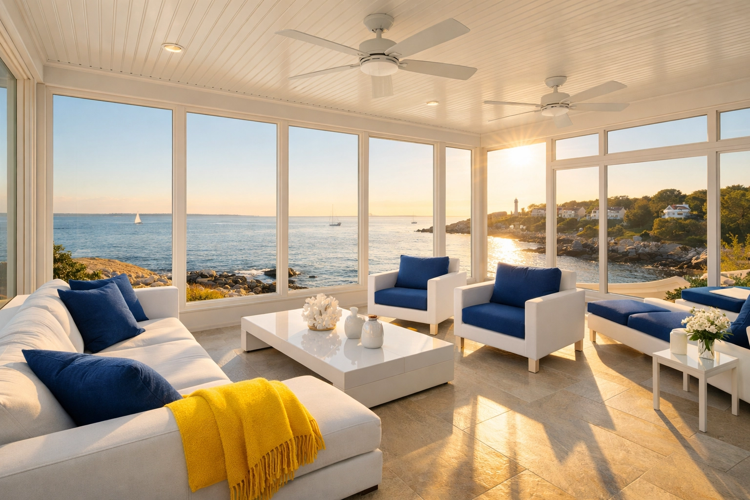 A spotless, sun-drenched luxury sunroom in a Marblehead estate with a scenic coastal view.