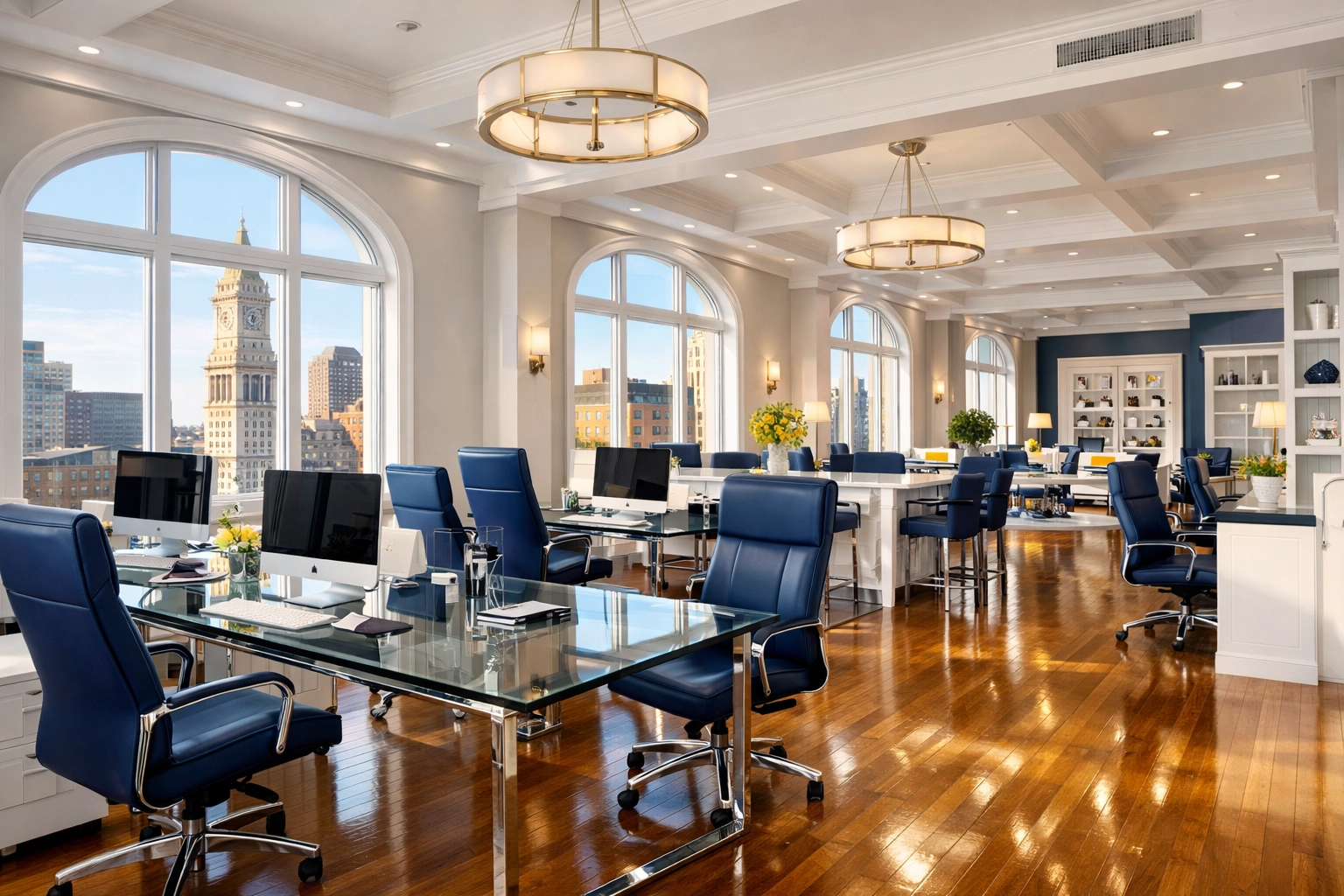 A pristine, dust-free luxury office in Boston following professional commercial cleaning.