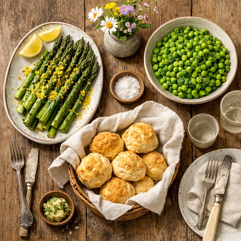 A rustic farmhouse table spread with charred asparagus, spring peas, and fresh biscuits for a plant-forward meal.