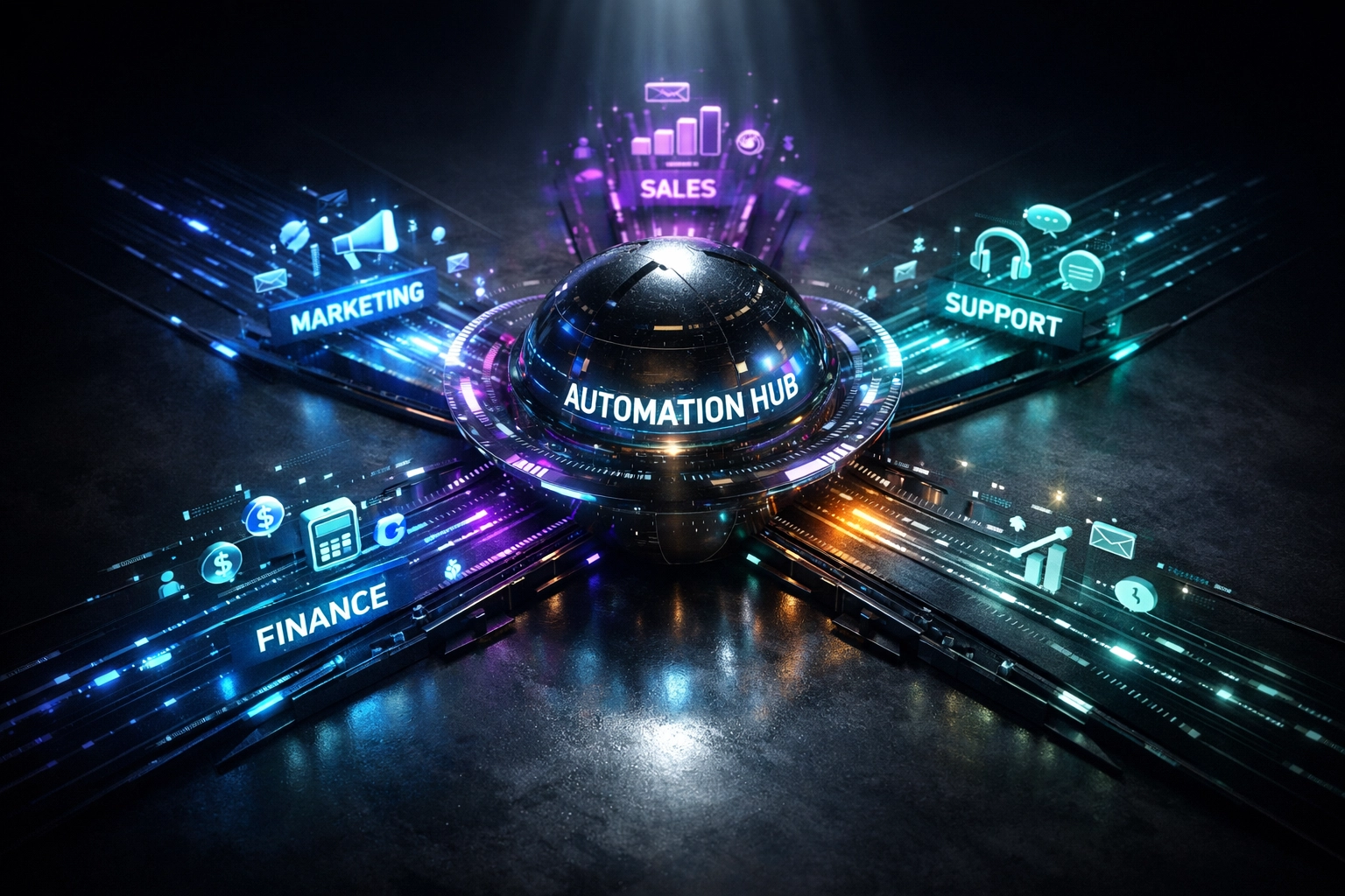 Multiple department workflows converging into central business process automation hub