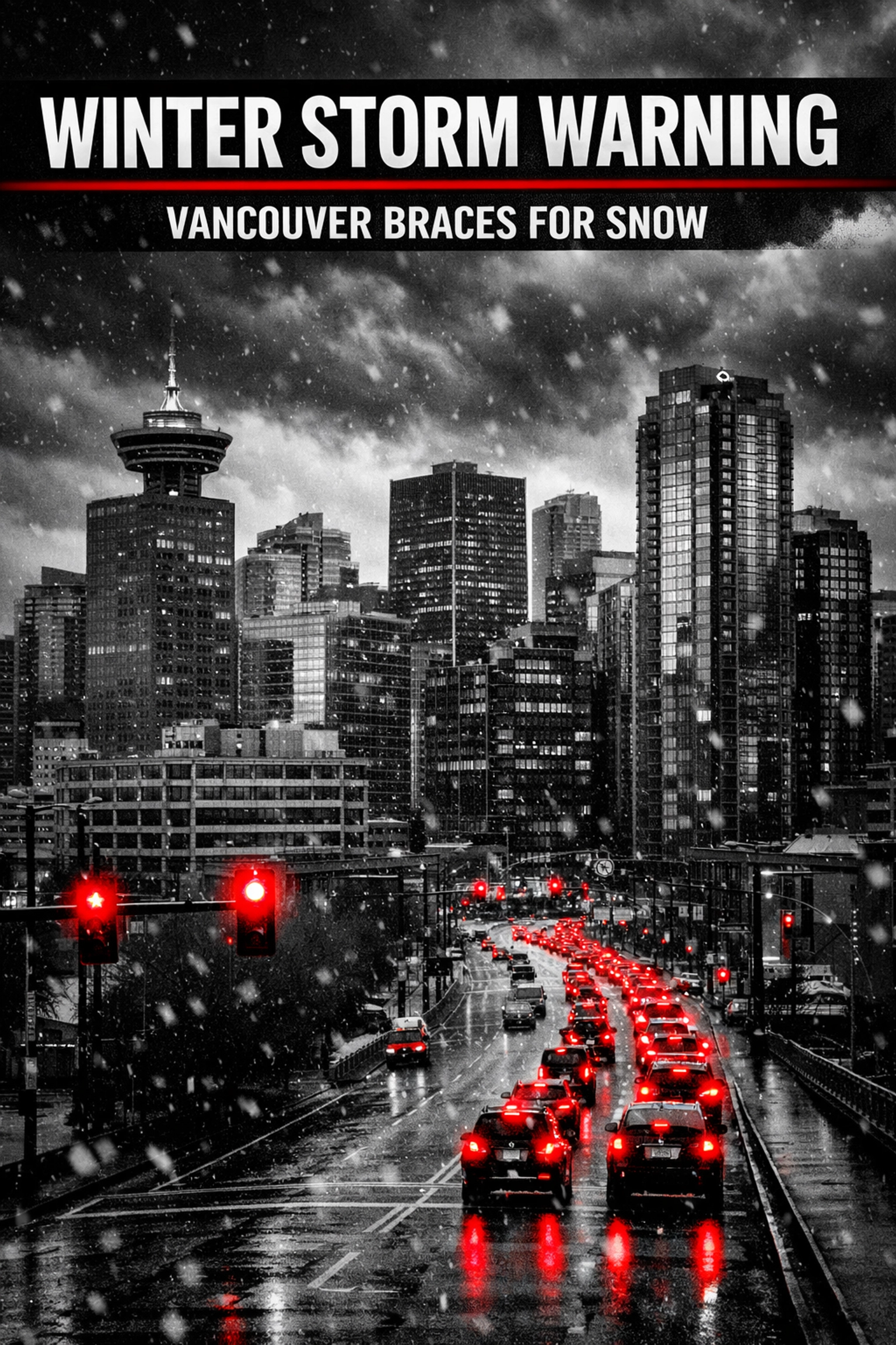 Vancouver skyline as winter storm approaches with snow warning for Metro Vancouver