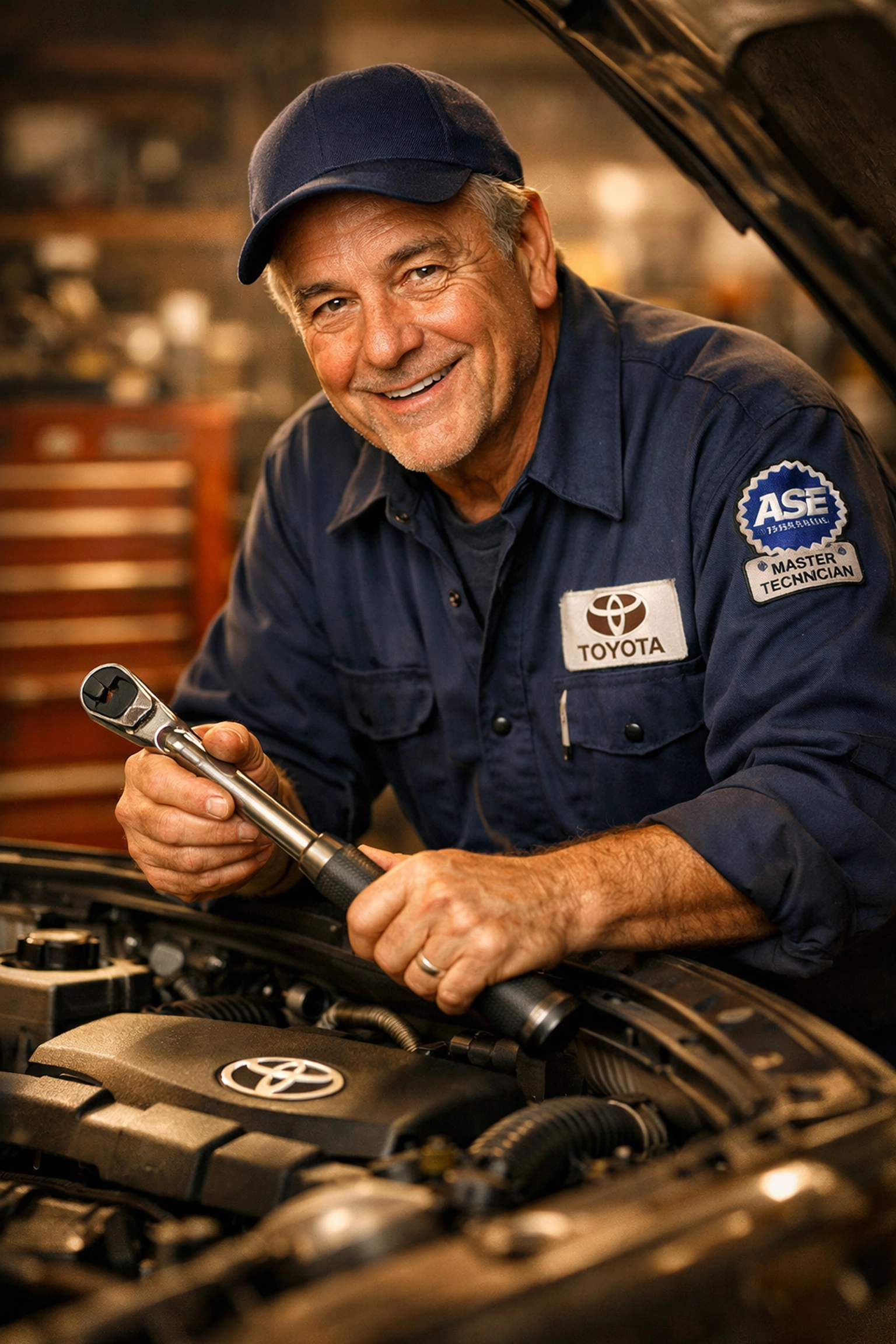 ASE Master Certified technician performing expert engine maintenance on a Toyota in Roseville.