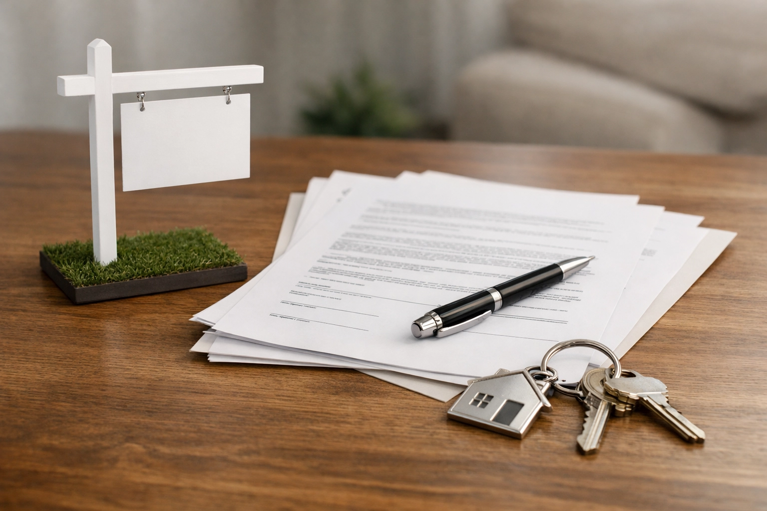 House keys and closing documents beside a sold-style sign representing selling the marital home