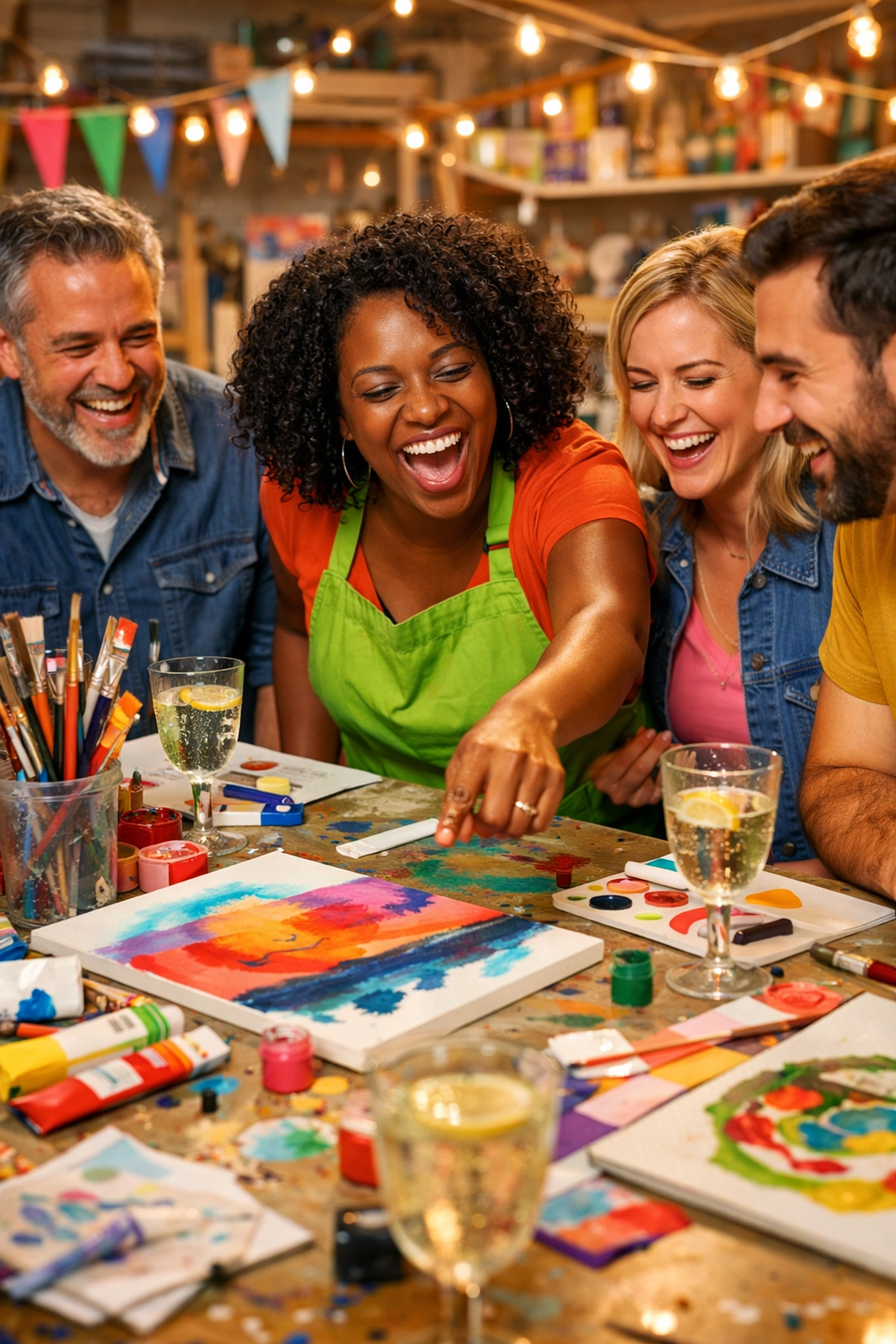 Coworkers laughing and bonding over creative team building activities in a vibrant DC office setting.