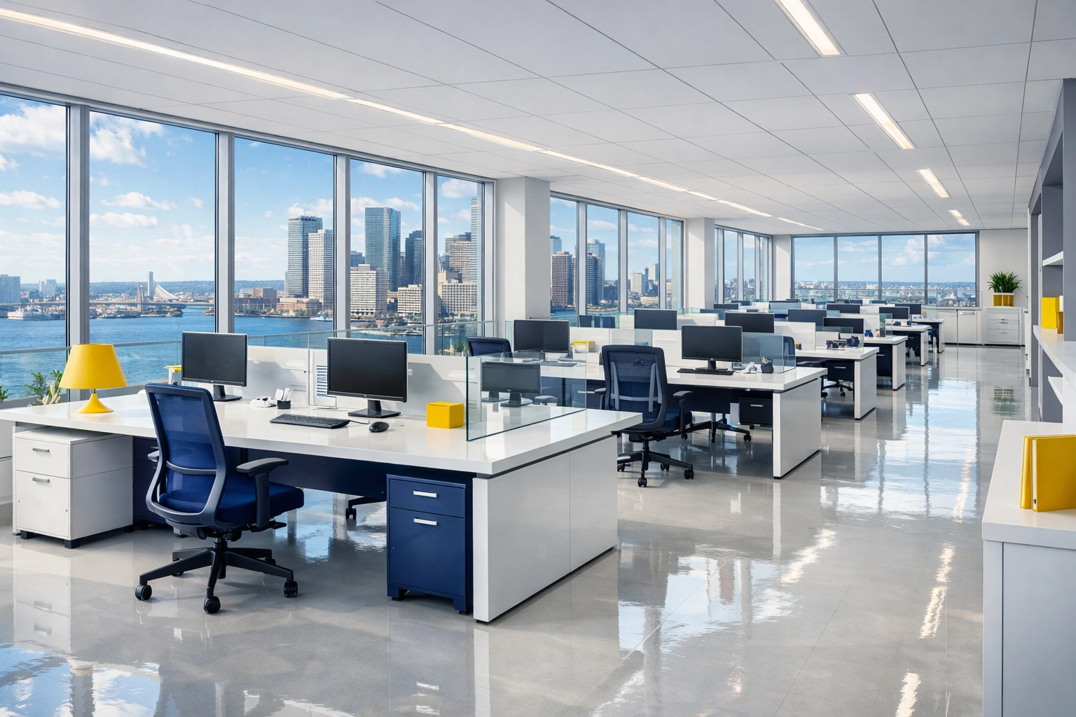 Pristine and organized modern workspace in Boston after a professional recurring office cleaning service.