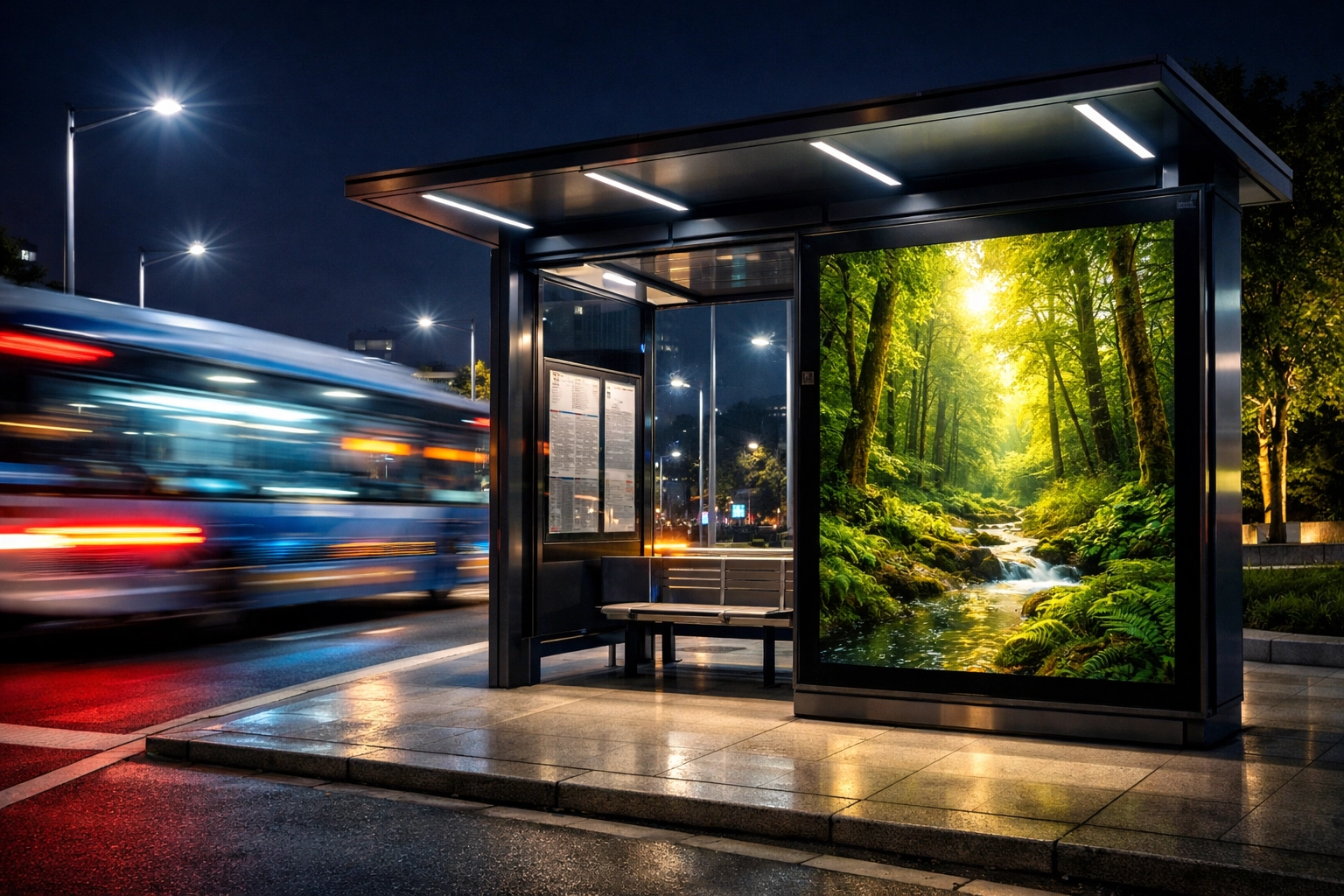 Dakdan Worldwide smart city advertising panel at a modern bus shelter demonstrating real-time digital signage.