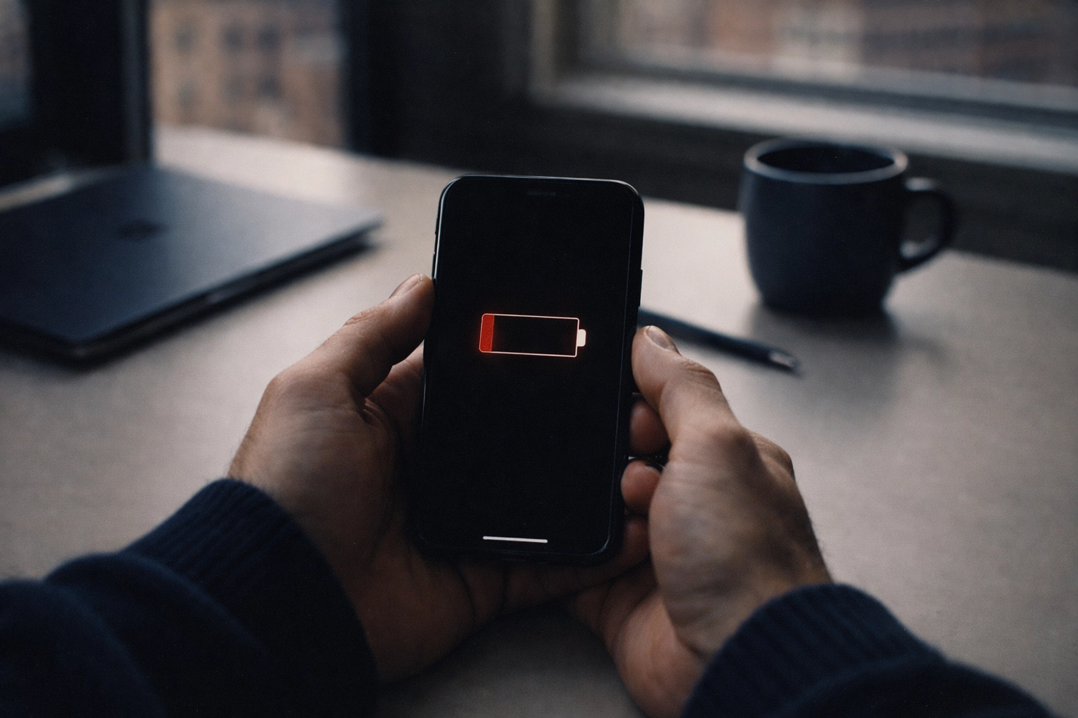 iPhone showing low battery warning on remote worker's desk in Brooklyn apartment
