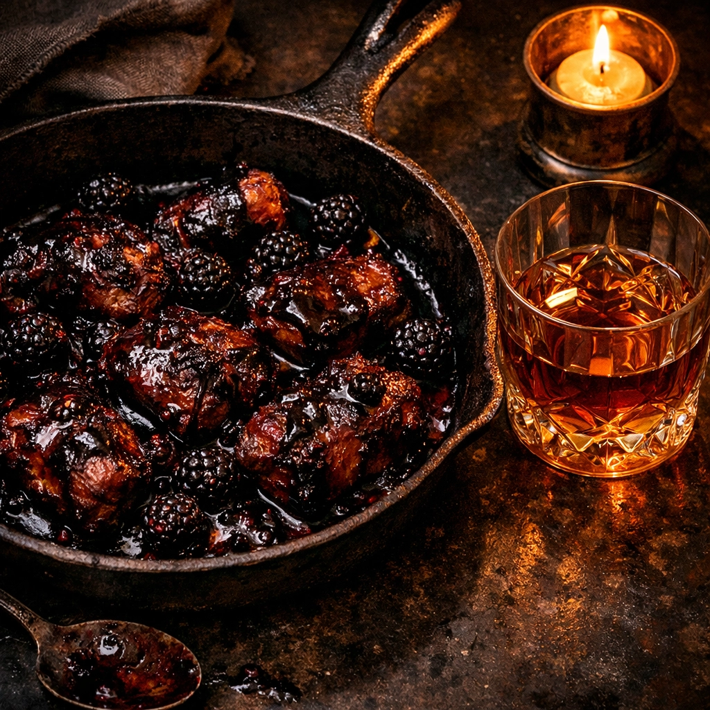Cast iron skillet with blackberry glazed meat and bourbon, highlighting a unique personal chef service.