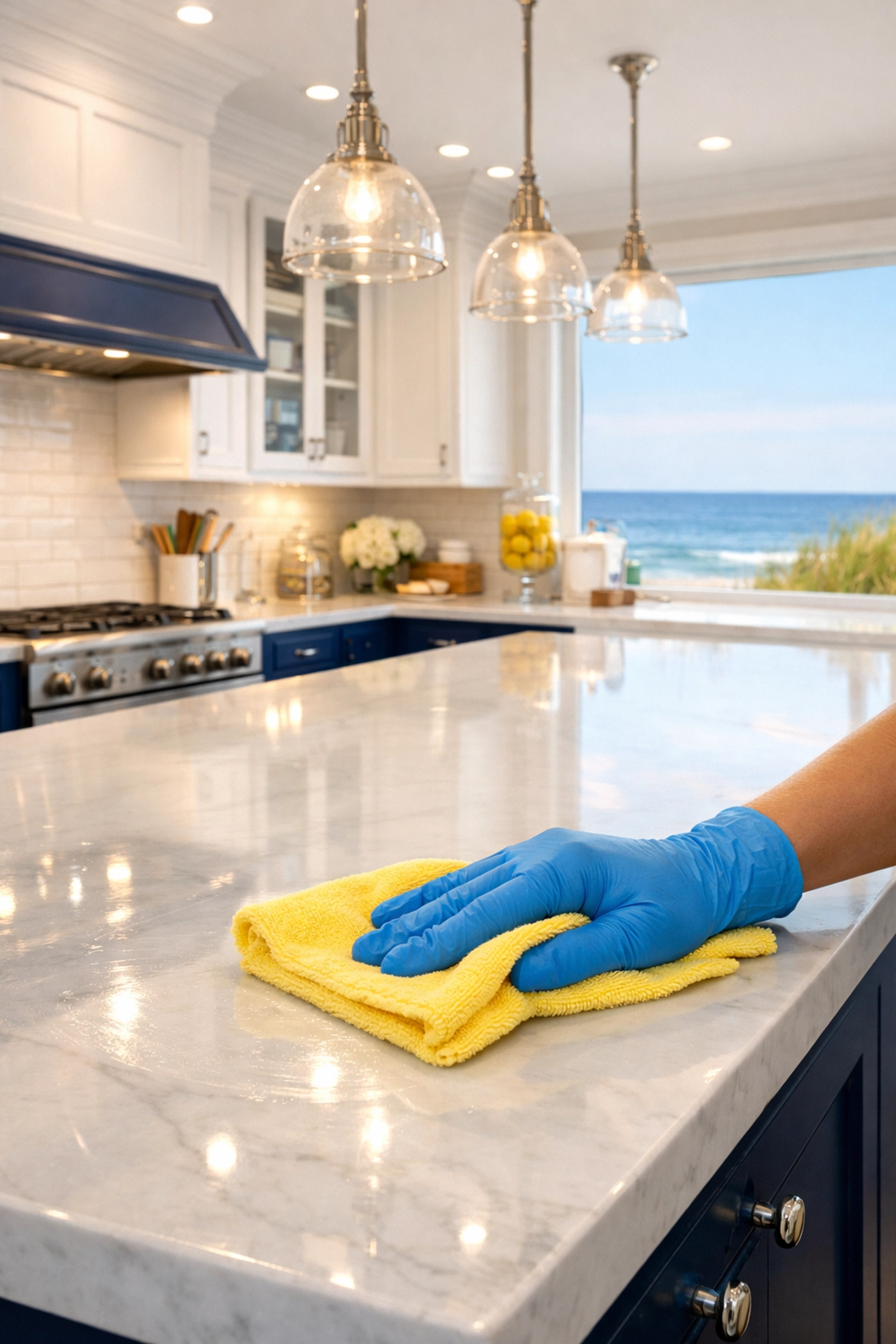 Professional cleaning of a luxury Scituate estate kitchen marble countertop with a microfiber cloth.