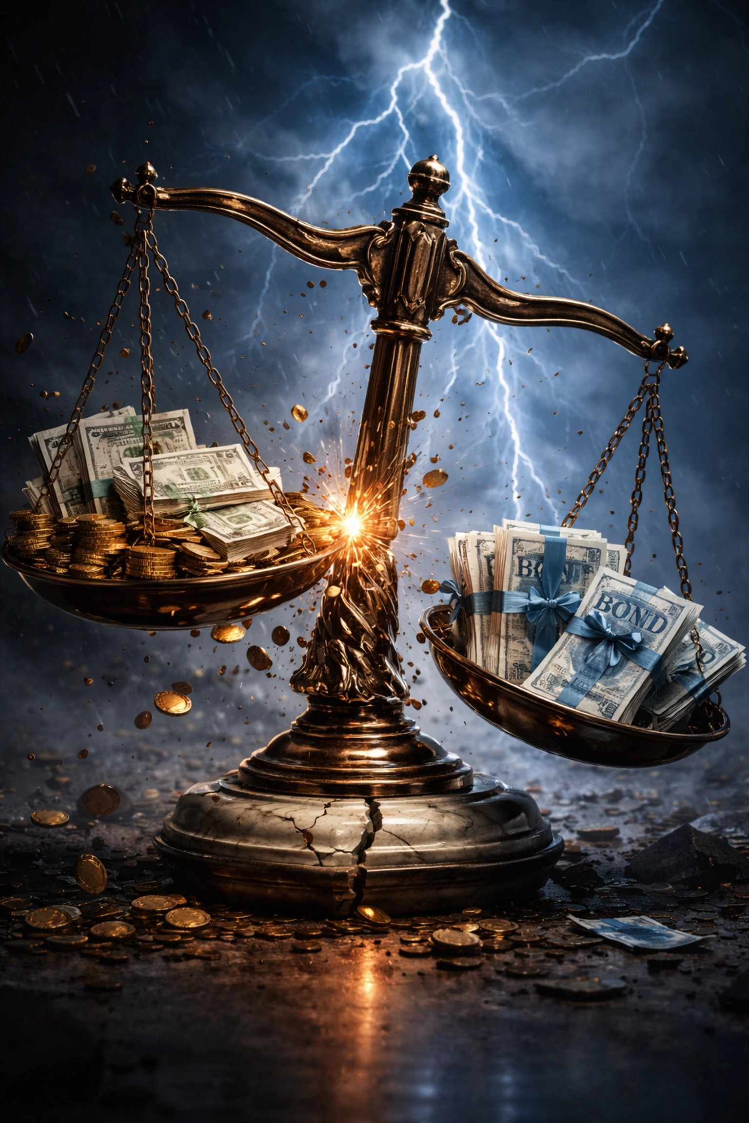 Balanced scale breaking apart with stocks and bonds, symbolizing the decline of the traditional 60/40 investment model.