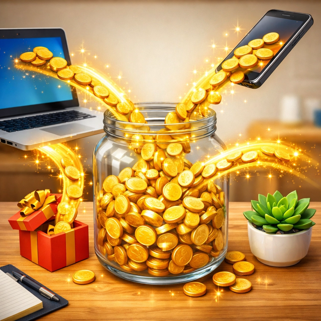 Digital coins flowing into a glass jar, illustrating how to build an emergency fund using extra income and windfalls.