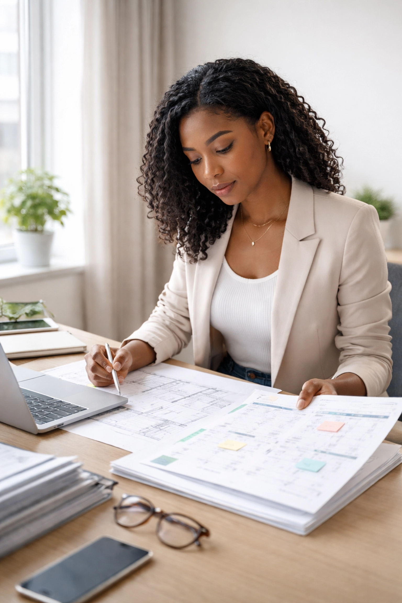 Black British female surveyor planning party wall notice timeline at a modern Essex office desk