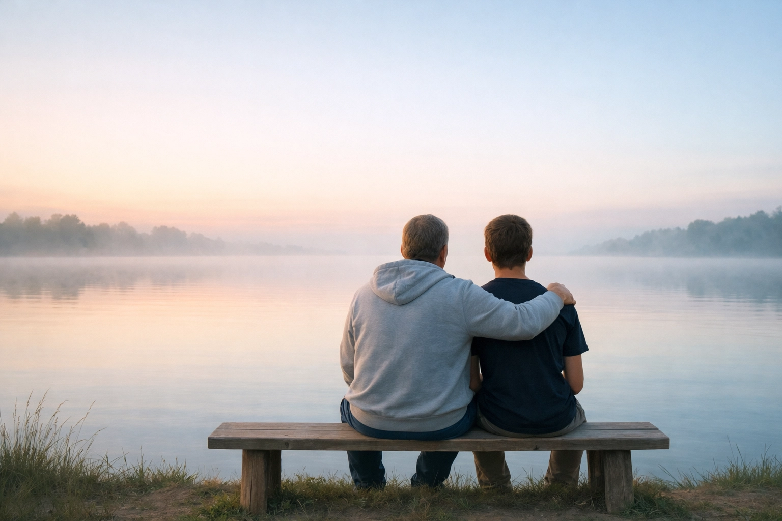 Parent and teenager sitting by a lake, representing the transformative journey of building a lasting family bond.